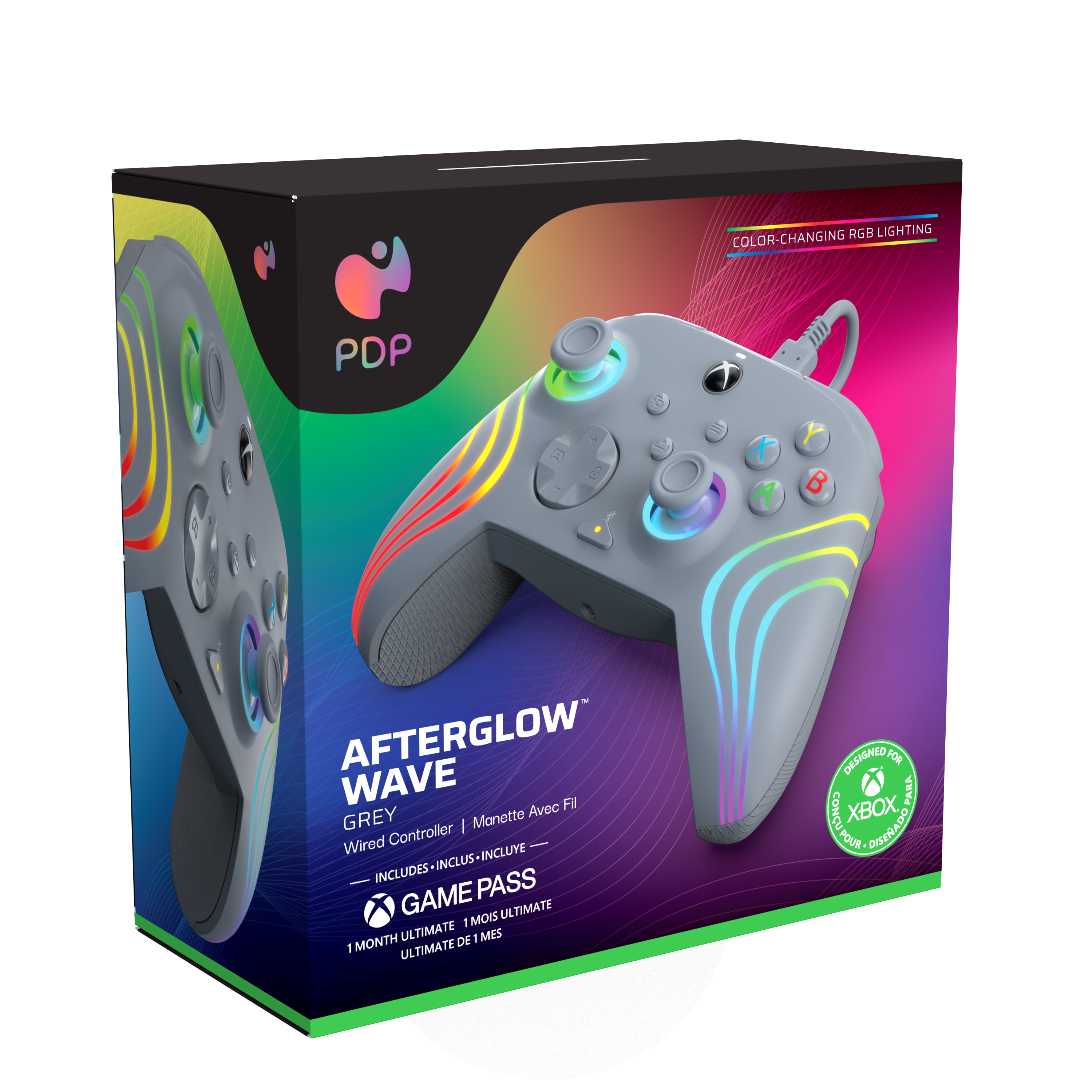 Ein grauer Afterglow Wave Controller für Xbox mit farbwechselnder RGB-Beleuchtung.