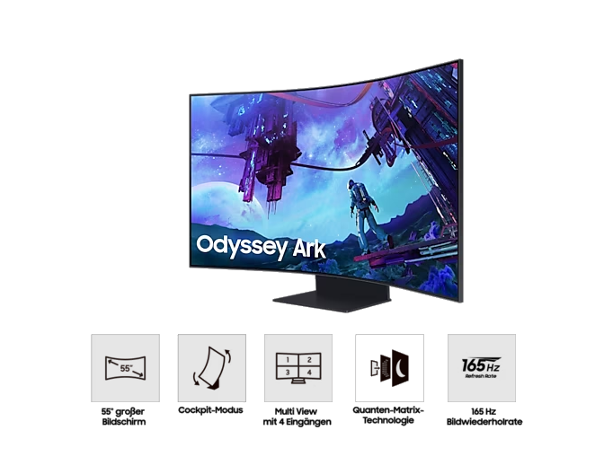 Gebogener Gaming-Monitor mit Symbolen, eine Person in einer futuristischen Szene und schwarzem Sockel.