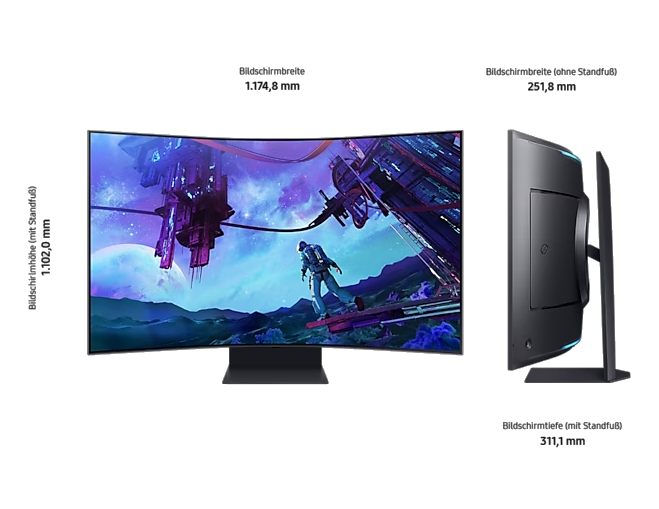Ein gekrümmter Monitor, der eine Weltraumszene anzeigt, mit Maßen und einer Seitenansicht.