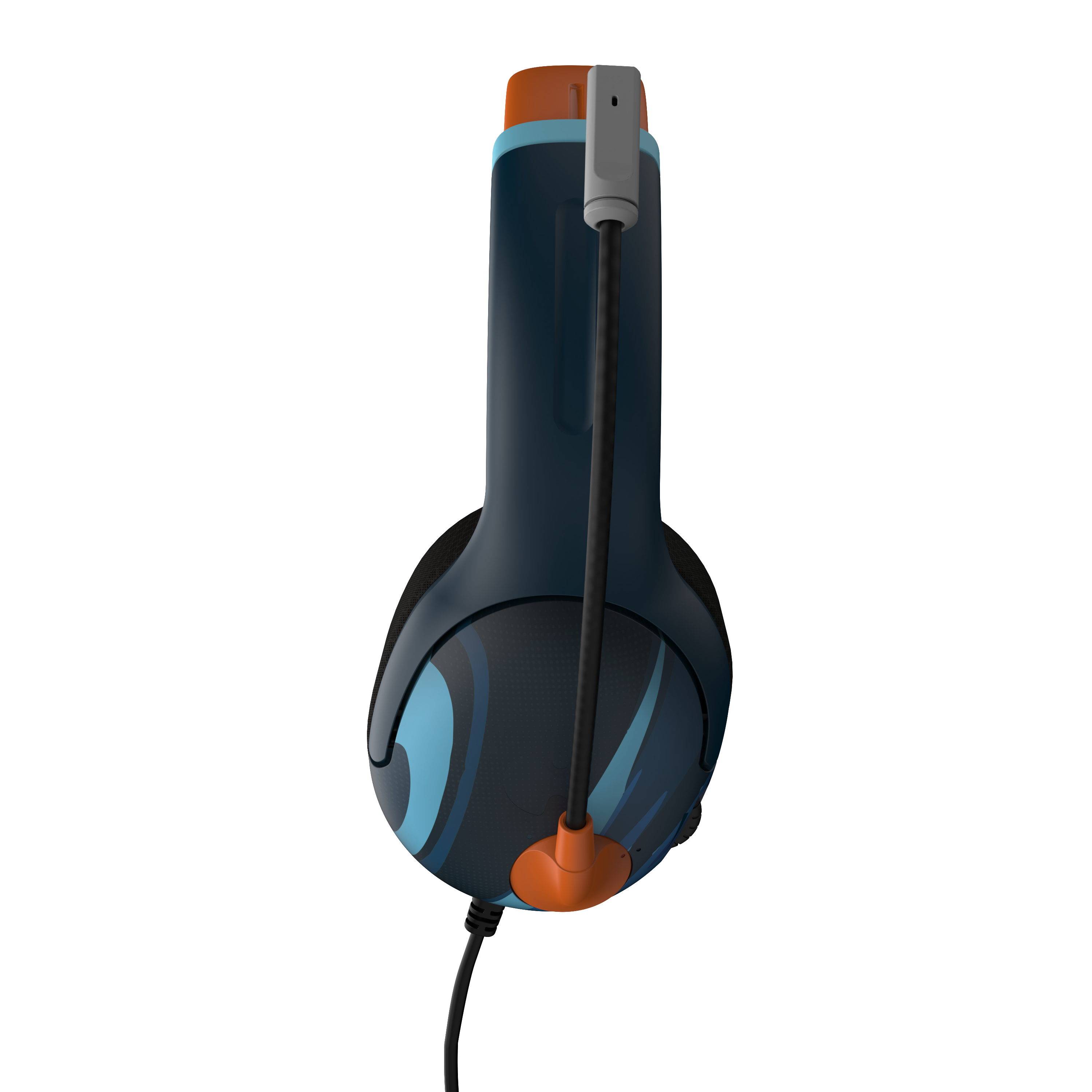 Ein blaues und oranges Gaming-Headset mit schwarzem Mikrofon.