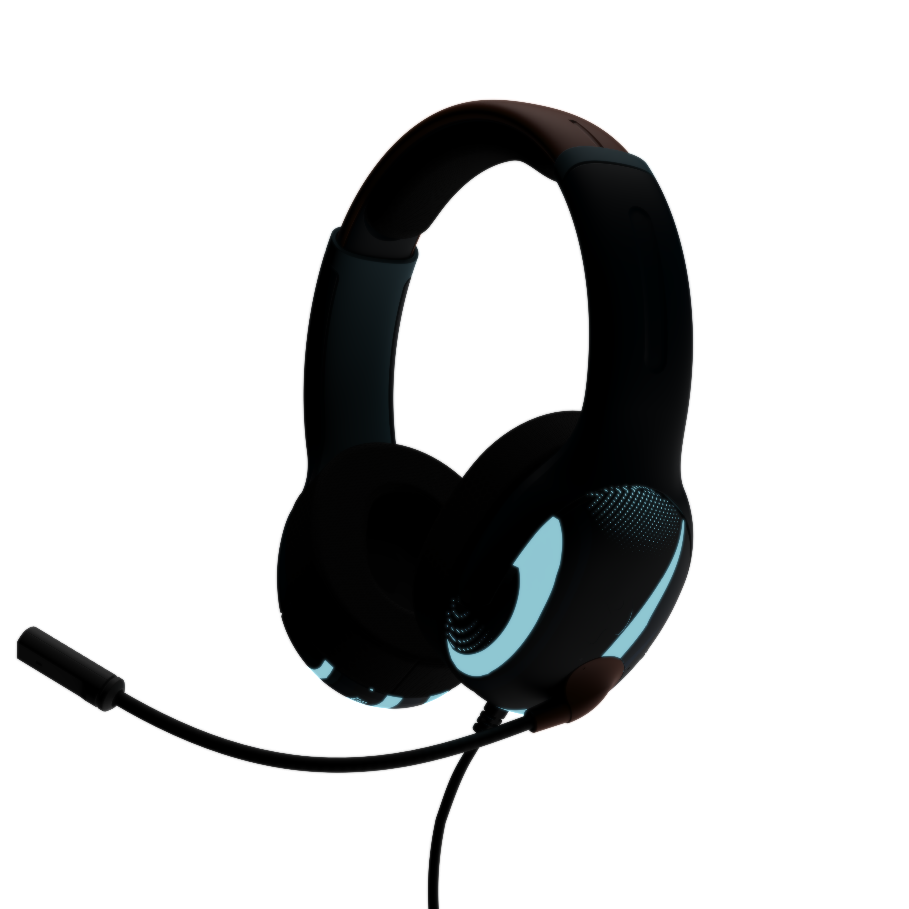 Schwarzes Gaming-Headset mit blauen Akzenten und Mikrofon auf schwarzem Grund.