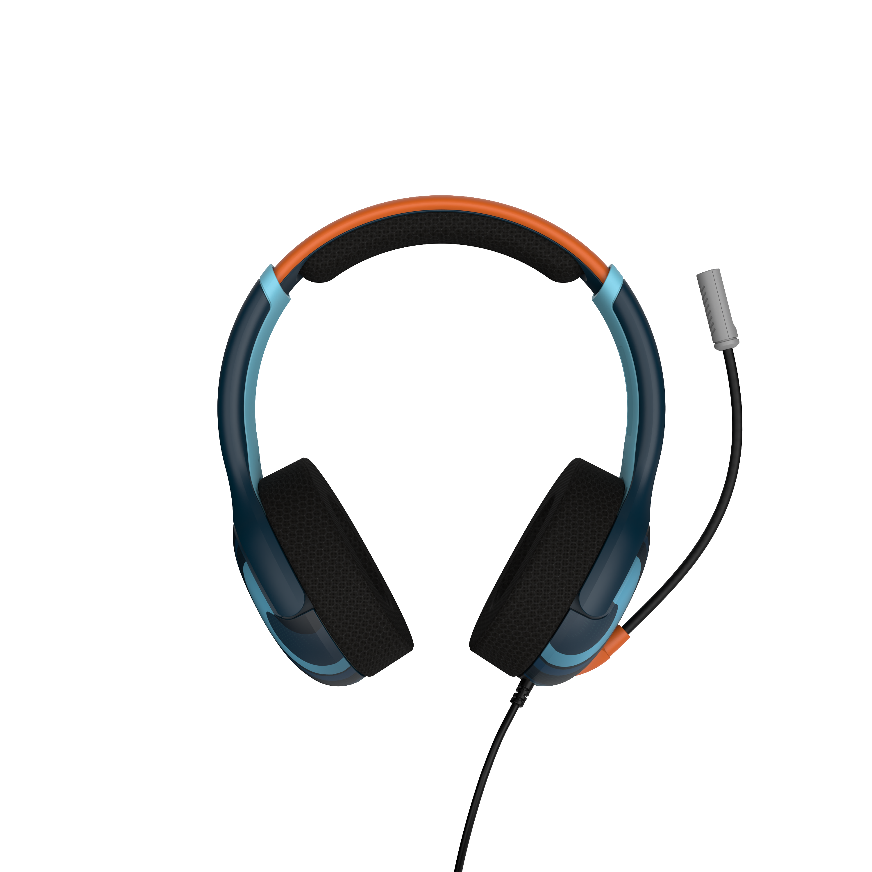 Gaming-Kopfhörer mit blau-orangenem Farbschema, Mikrofon und schwarzem Kabel.