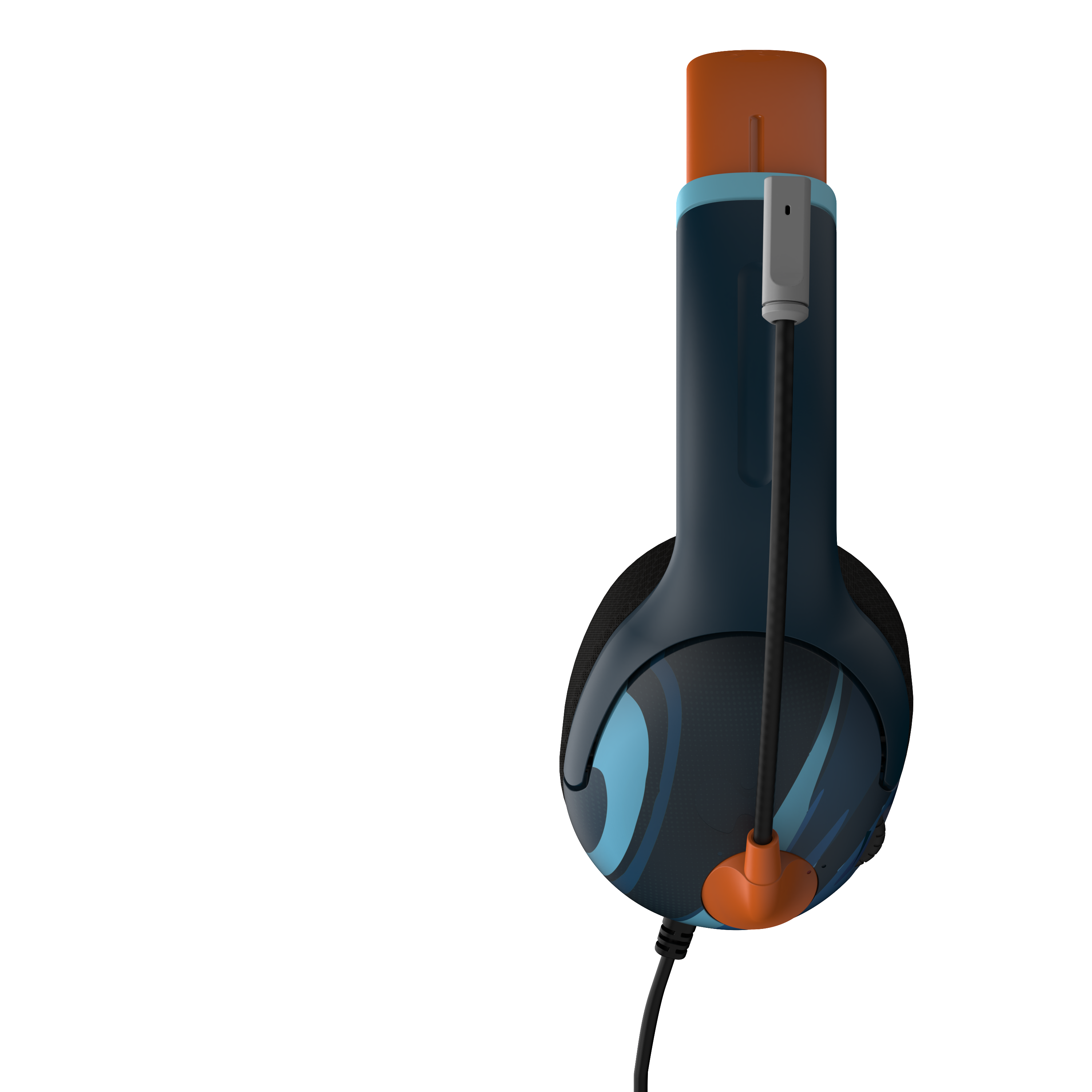 Ein blau-oranges Gaming-Headset. Das Headset befindet sich auf schwarzem Hintergrund.
