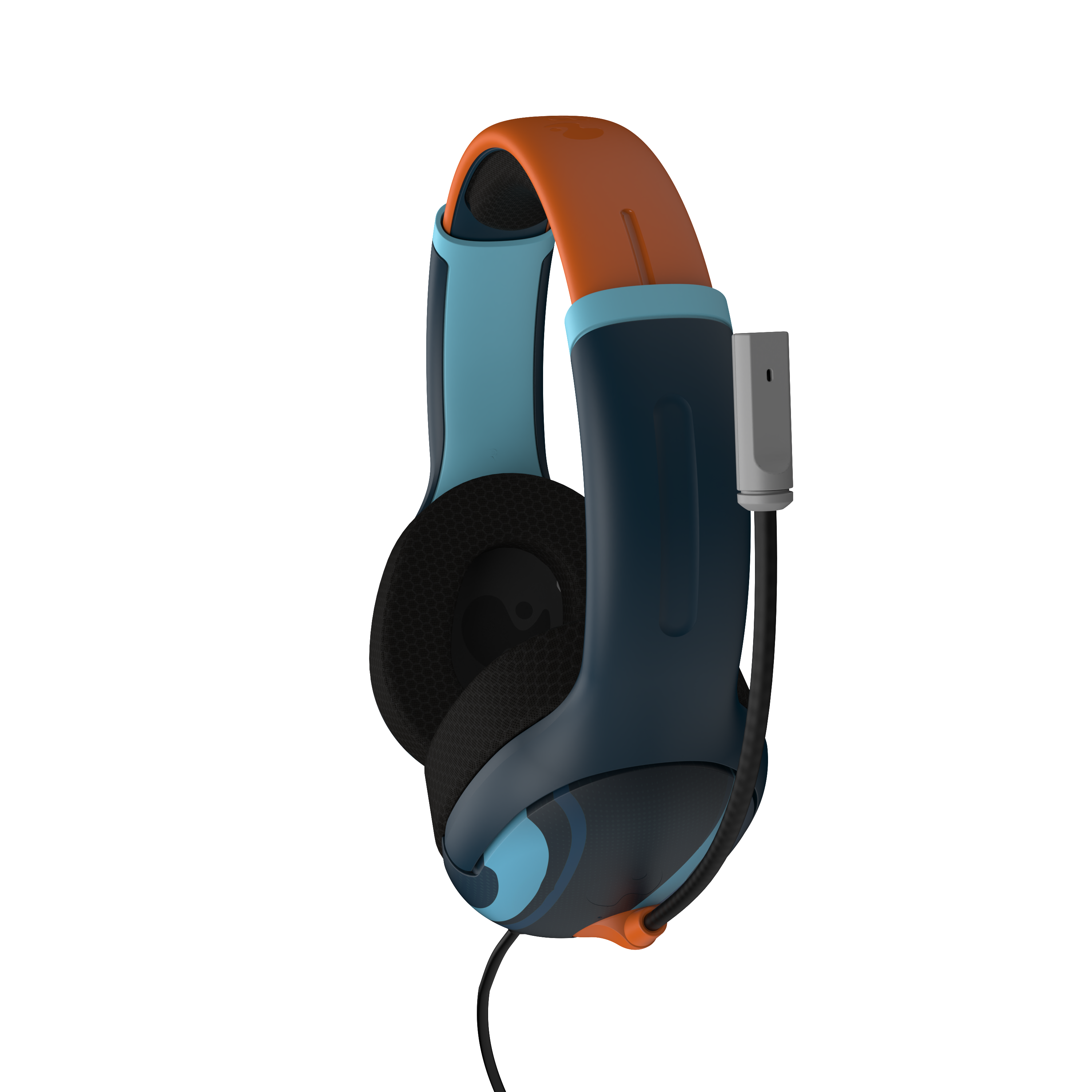 Blaue, teal- und orangefarbene Kopfhörer mit schwarzem Kabel. Die Kopfhörer sind abgewinkelt.