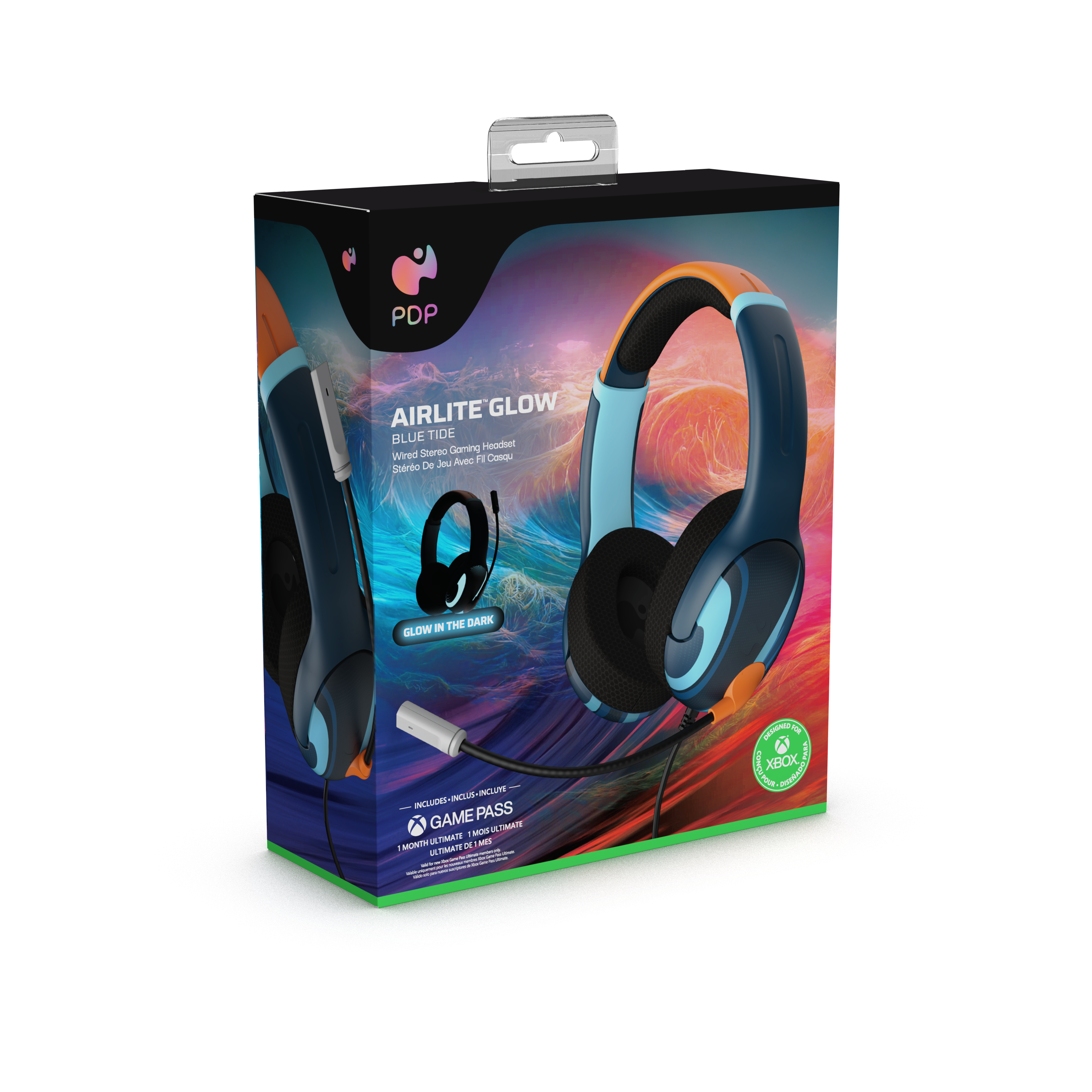 PDP Airlite Glow Gaming-Headset-Box. Die Kopfhörer sind blau und schwarz. Inklusive Mikrofon und Game Pass.
