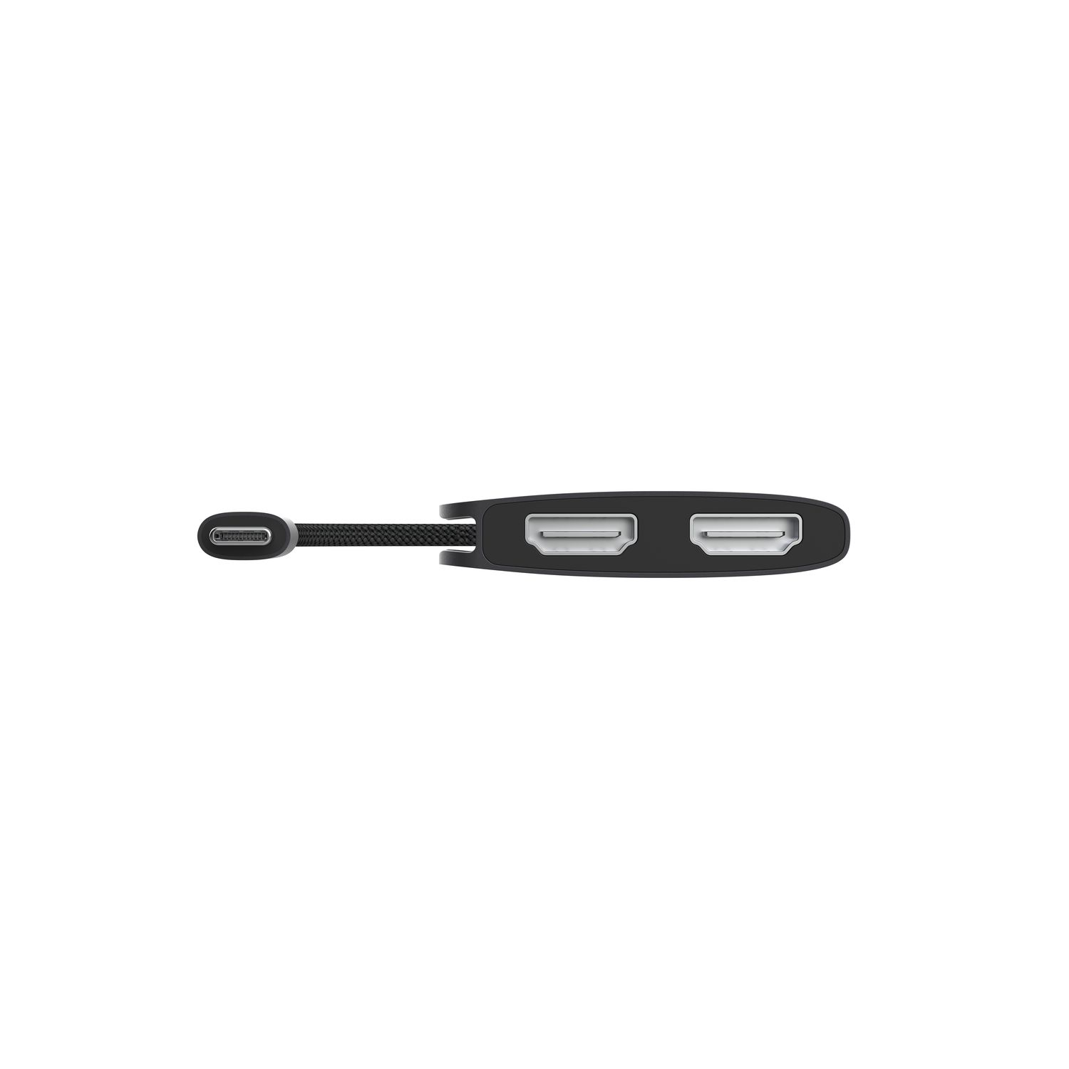 Adaptateur noir avec USB-C et deux ports HDMI, isolé sur fond blanc.