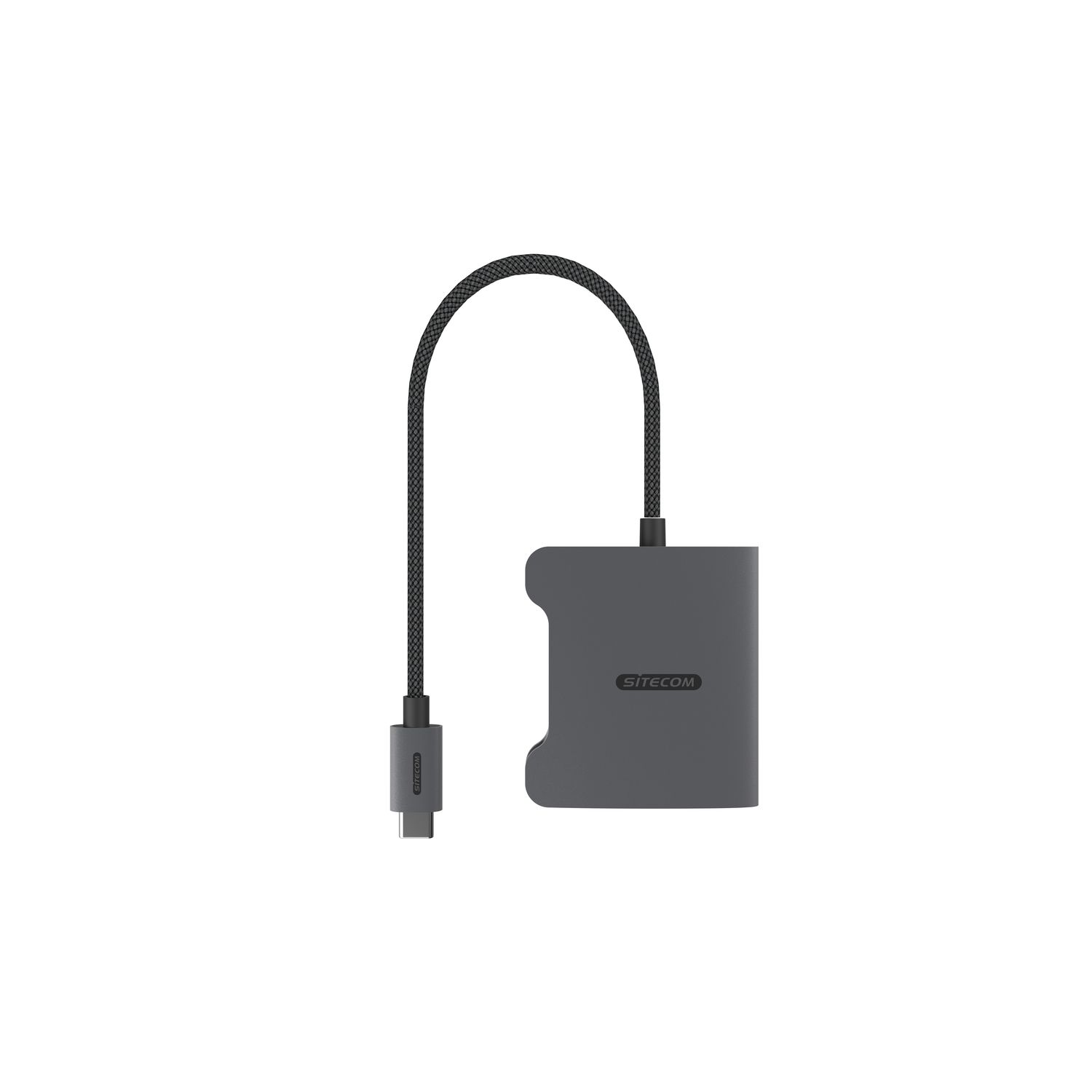 Un adaptateur gris foncé avec un port USB-C et un câble noir et vert.