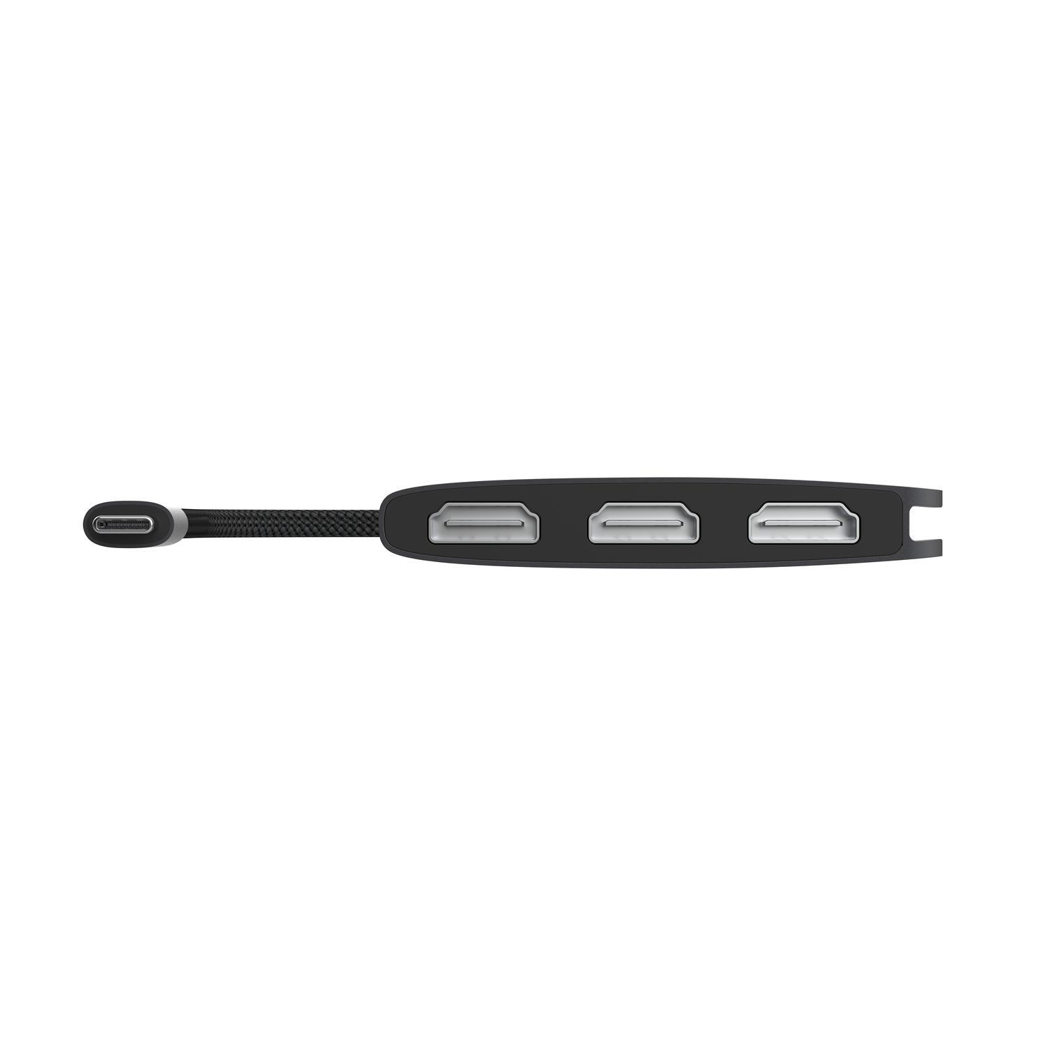 A black USB-C hub with HDMI ports.