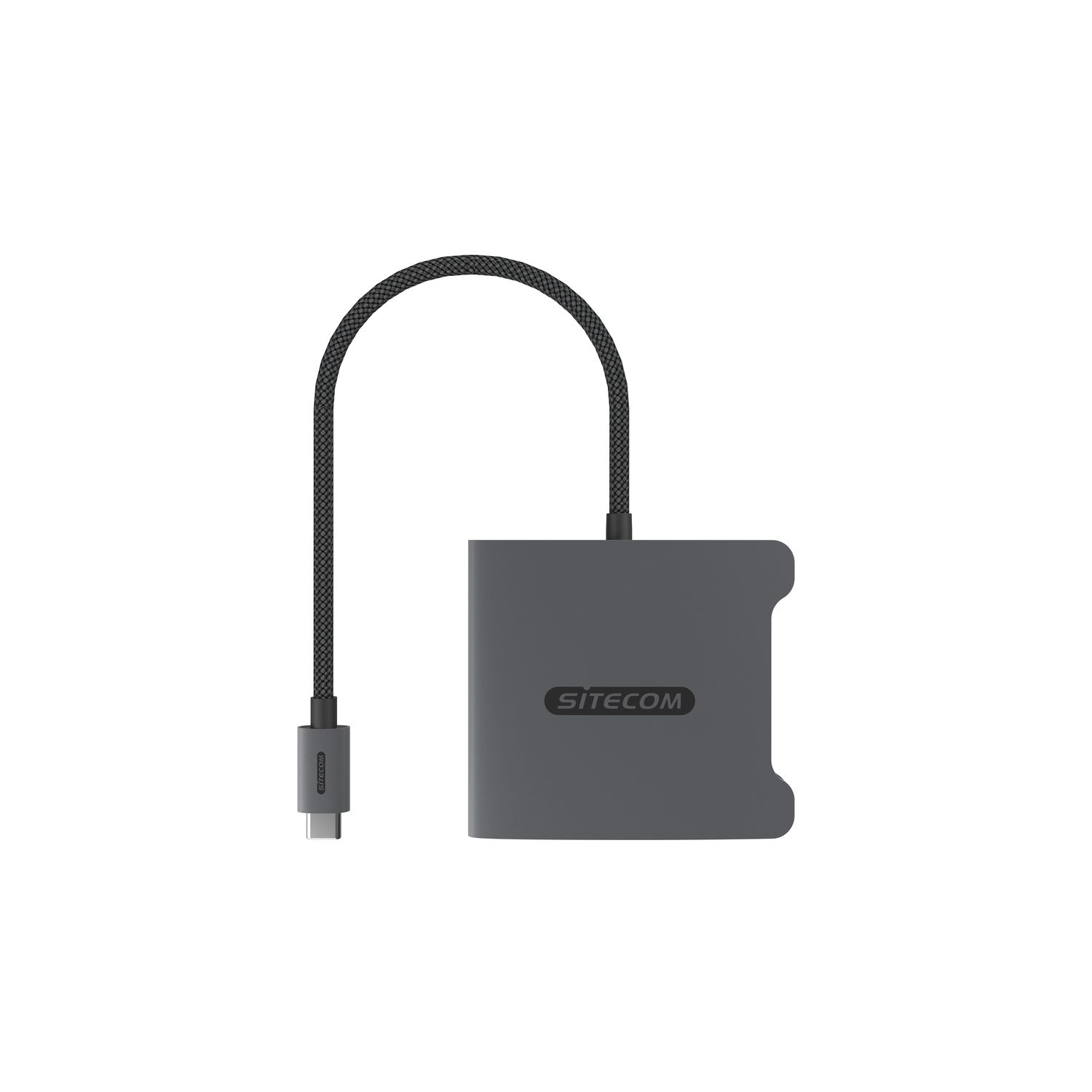 A gray Sitecom USB-C hub with a black cable, viewed on a white background.