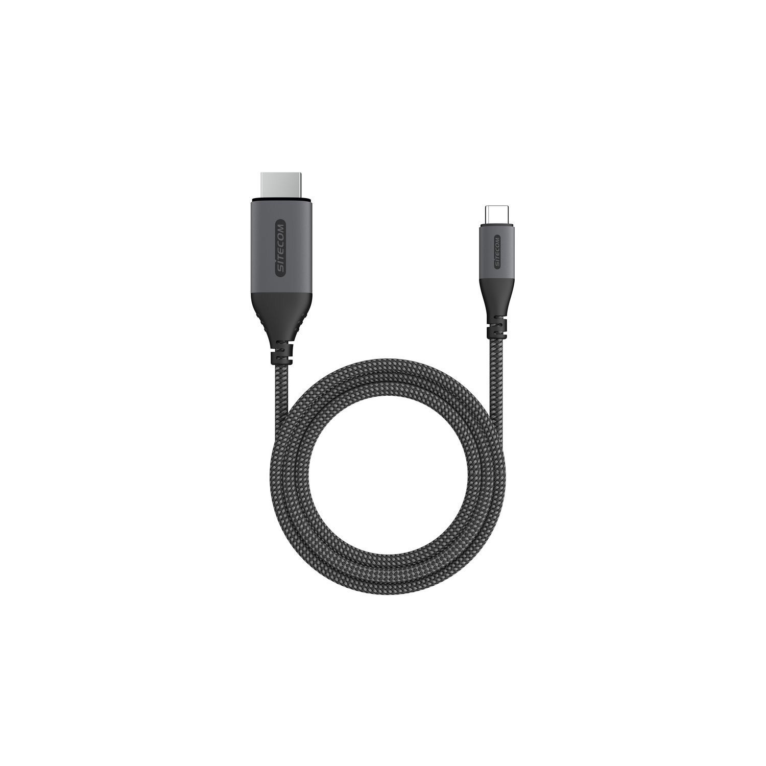 Un câble USB-C noir et gris. Une extrémité est connectée à un appareil.