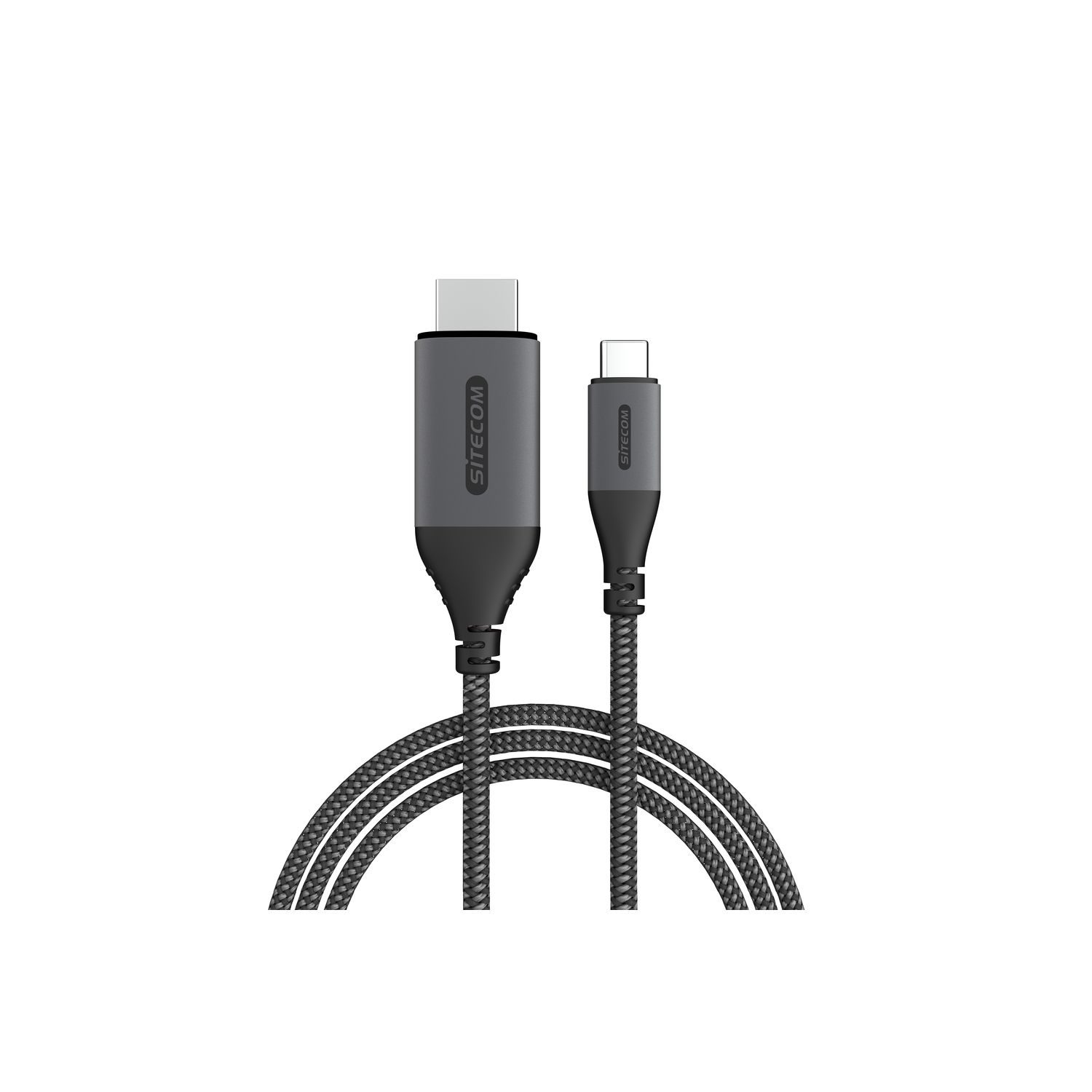 Un câble USB-C SITECOM noir et gris avec un design tressé et des connecteurs à chaque extrémité.