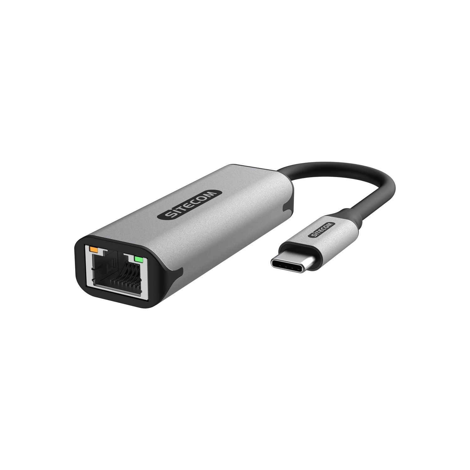 Un adaptateur Ethernet SITECOM argenté avec un câble noir et un connecteur USB-C sur fond blanc.