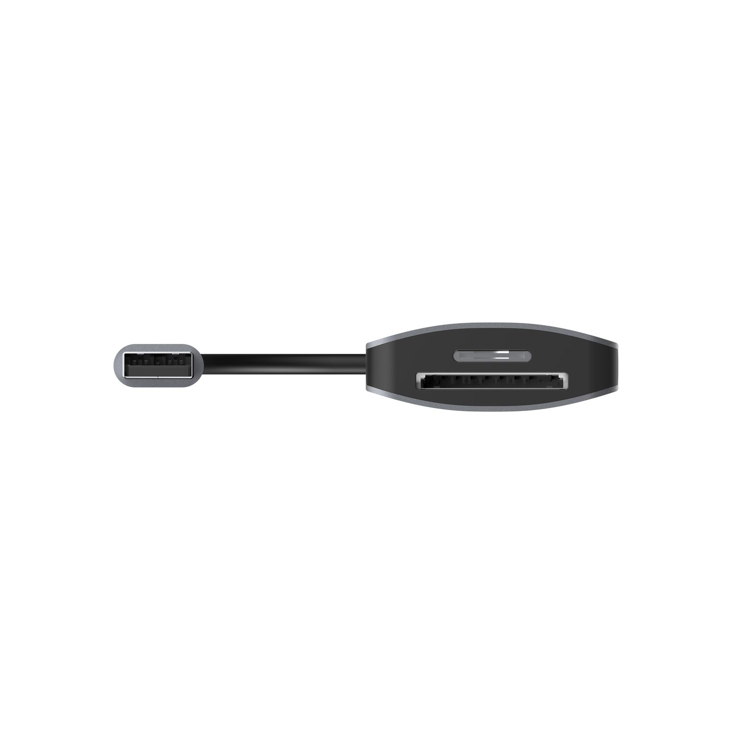 Un lecteur de cartes multiples USB-C, noir avec un dessus gris argenté, vu de dessus.