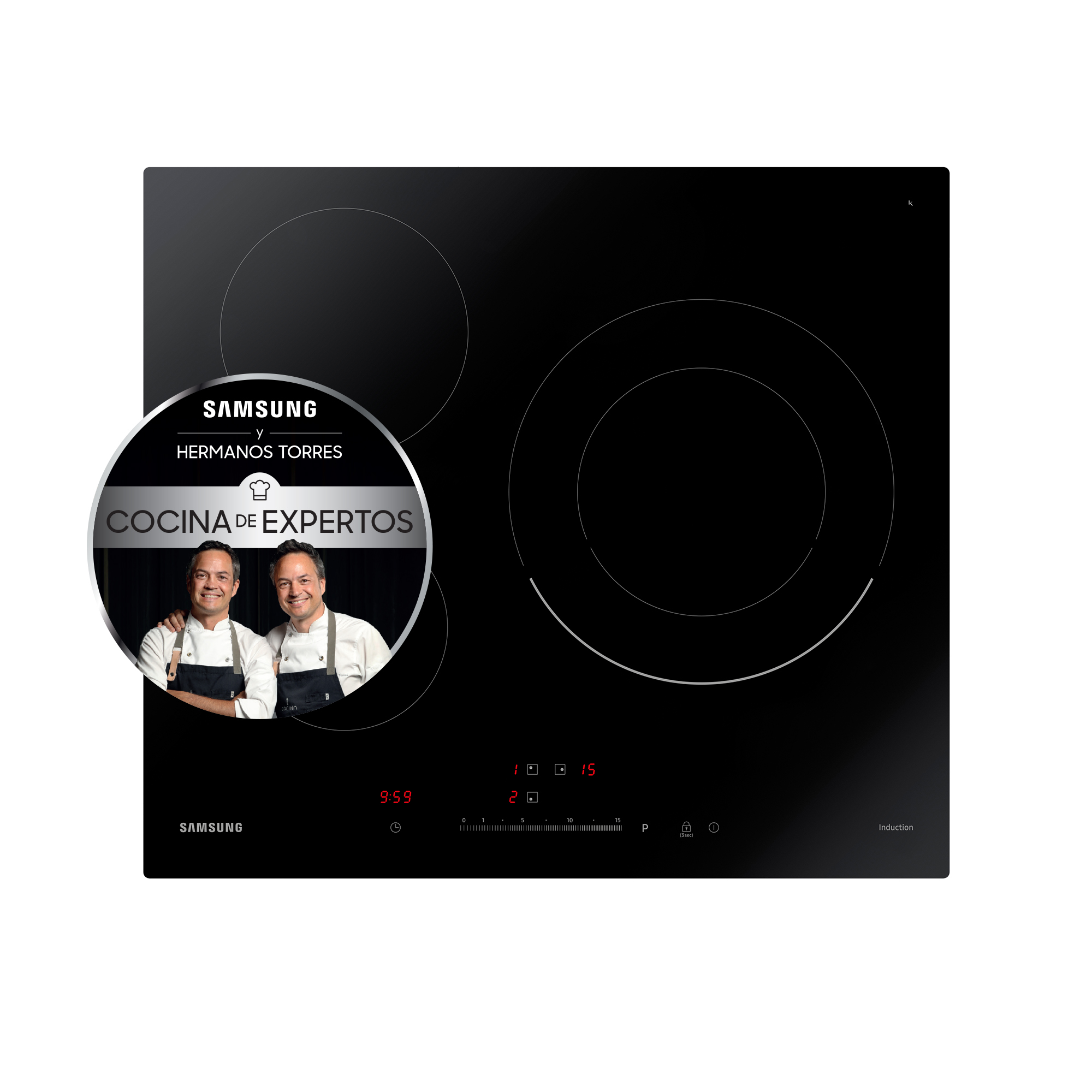 Placa de inducción negra con dos quemadores y panel de control.
