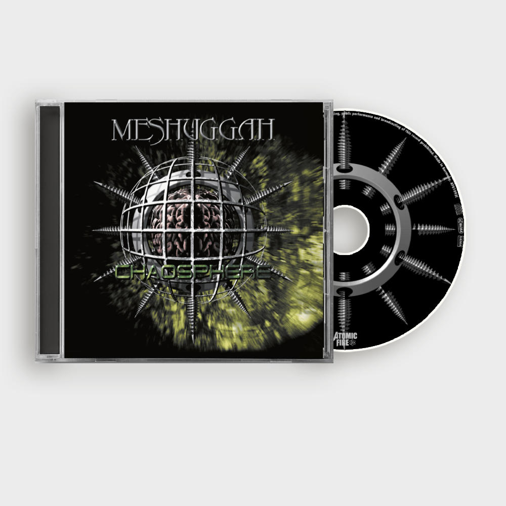 CD-Hülle für Meshuggahs Album Chaosphere. Die CD ist sichtbar. Der Hintergrund ist schwarz.