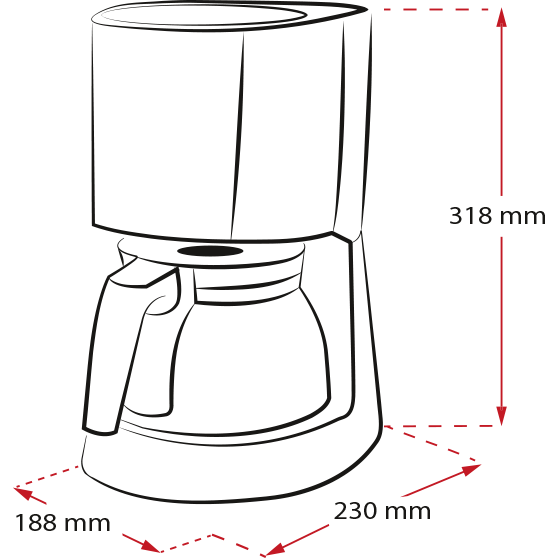 Disegno a linea di una caffettiera con dimensioni. Linee nere su sfondo nero.