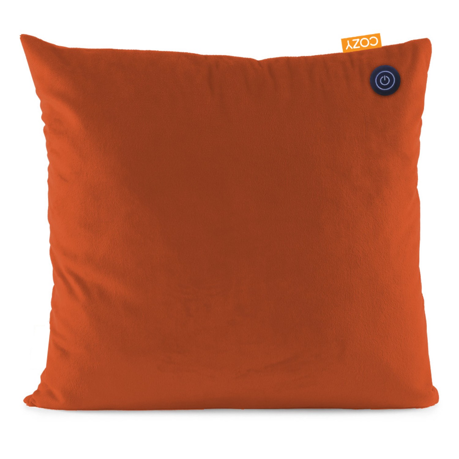Orange square pillow with a black power button and a tag that says COZY.