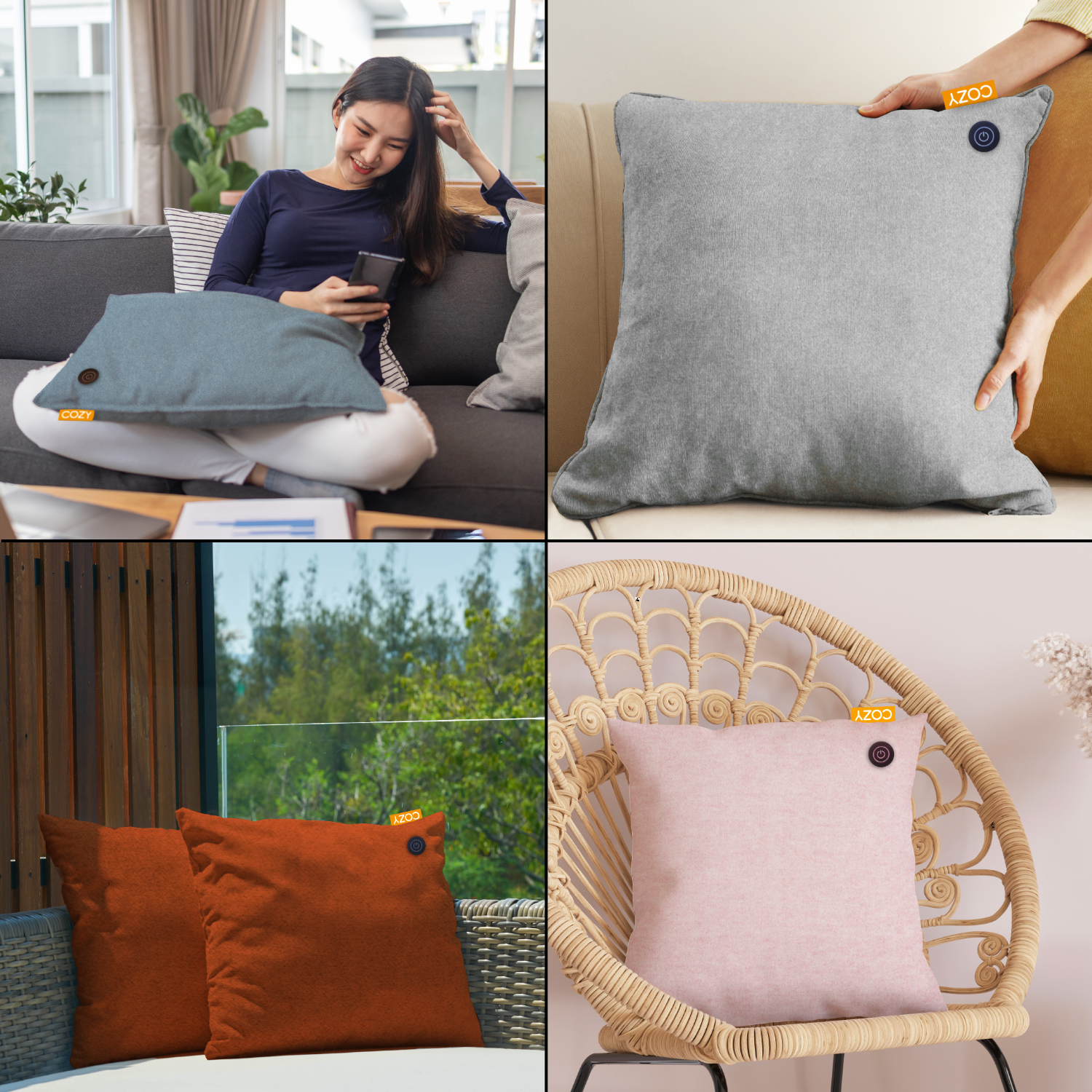 Four images showing pillows. One woman is using a phone. The pillows are gray, orange, and pink.
