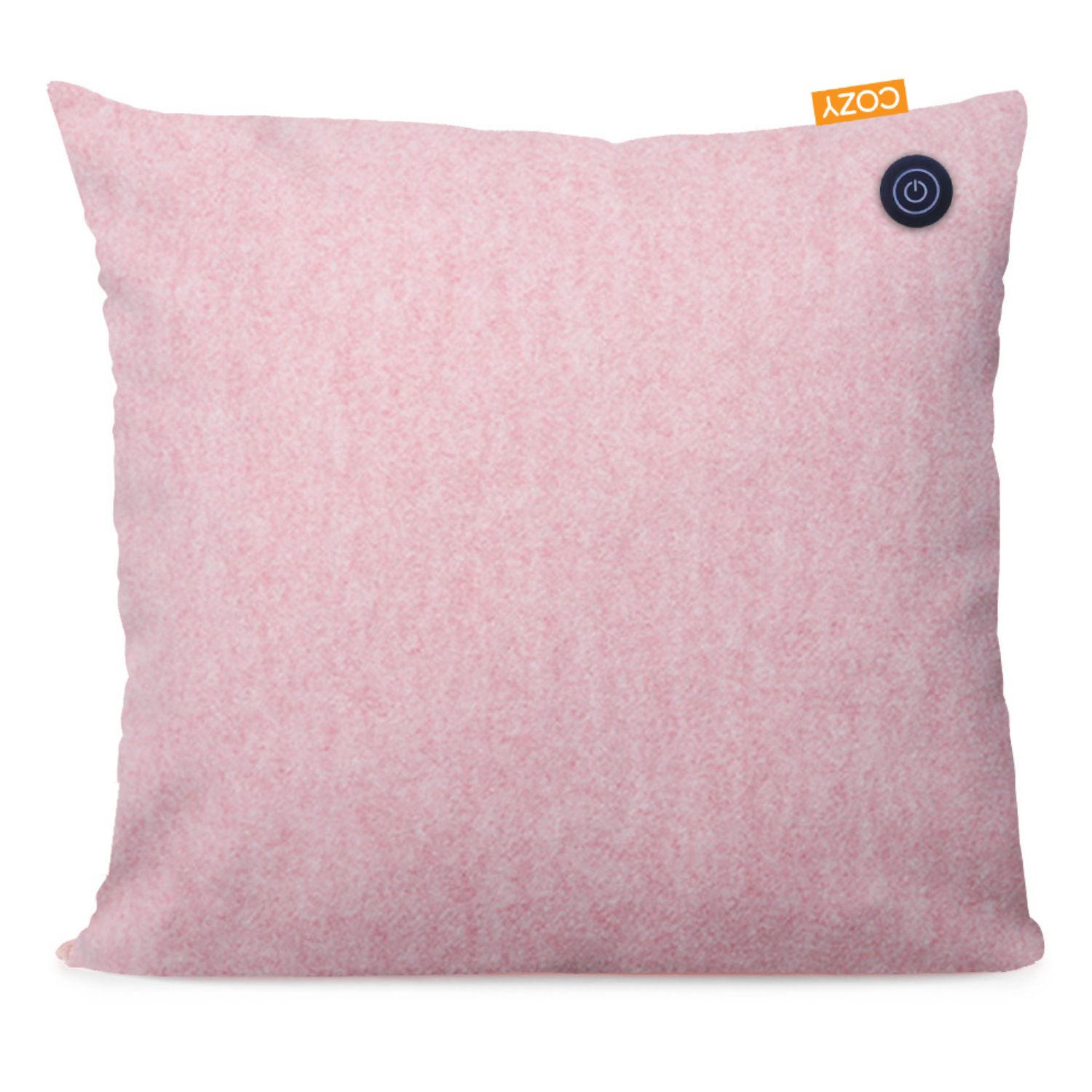A pink Cozy pillow with a small power button and a Cozy tag on a white background.