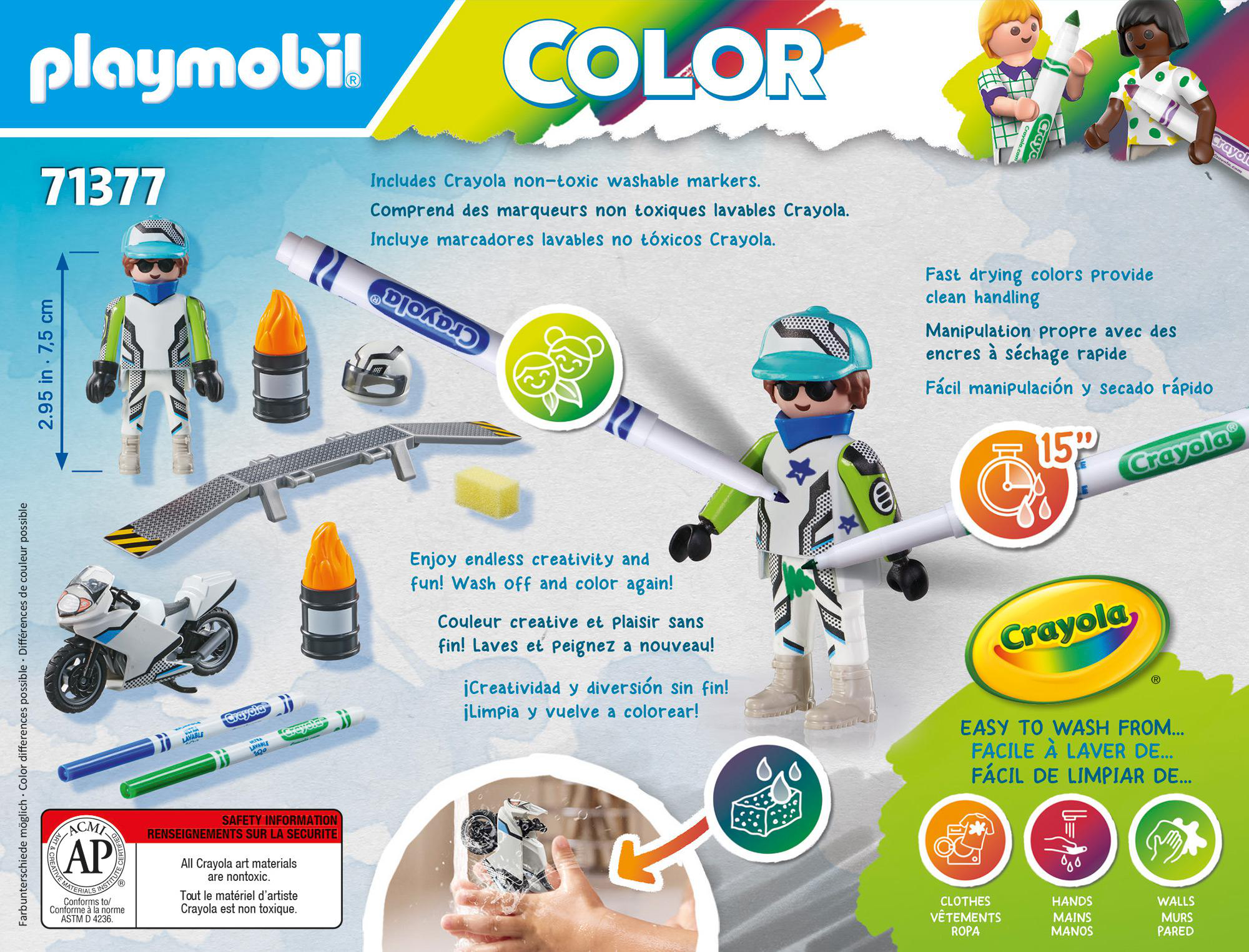 Playmobil-Set mit Figuren, Motorrad, Markern und Text. Farbthema mit Crayola-Logo.