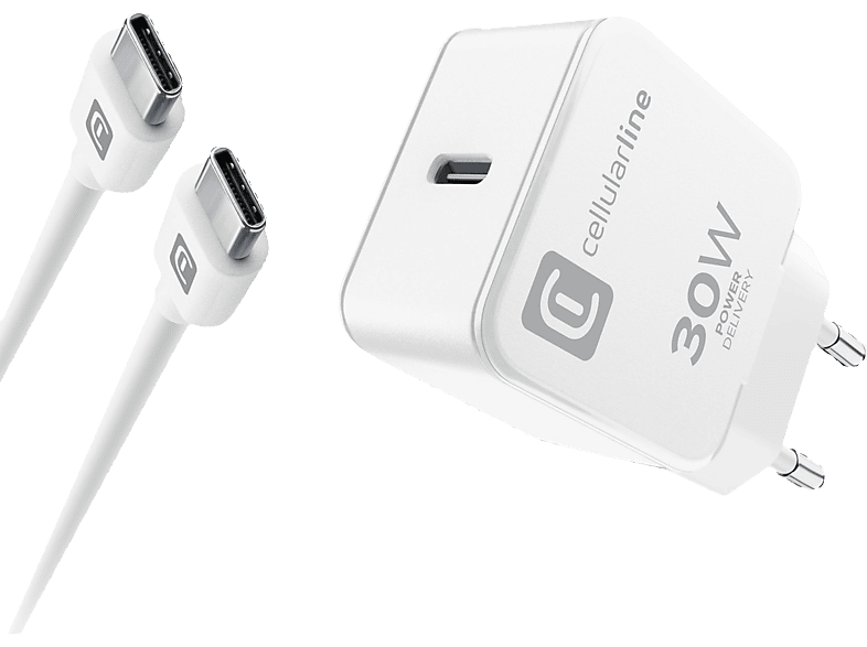 Cellular Line Reiselader-Set 30W USB Type-C inkl. Kabel für USB Type-C, Weiß; USB-C Ladegerät Kit 30W