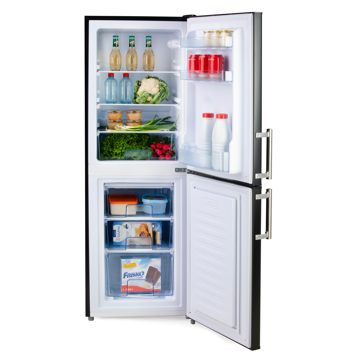 Un réfrigérateur noir avec la porte ouverte, montrant des aliments à l'intérieur et sur les étagères.