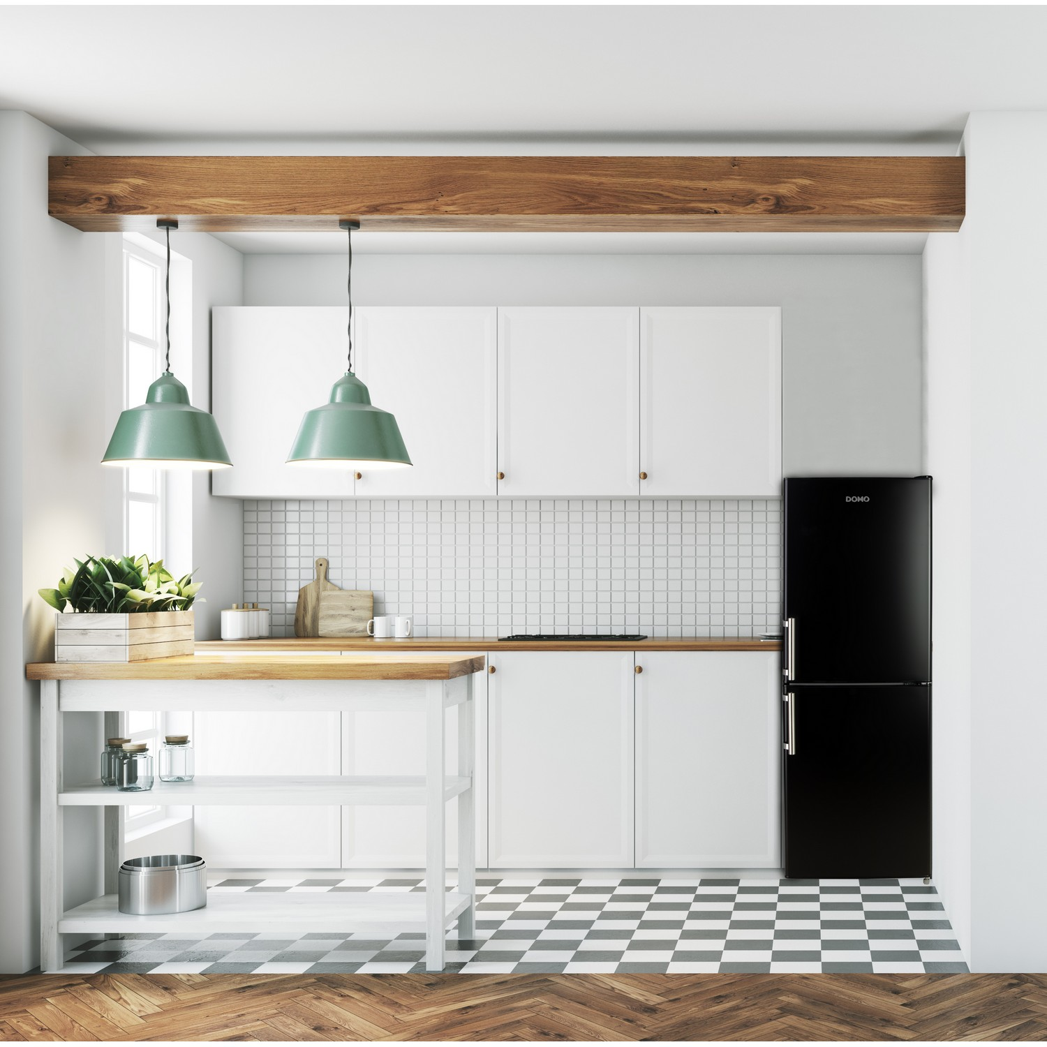 Intérieur de cuisine moderne avec des armoires blanches, un réfrigérateur noir et un sol à carreaux.