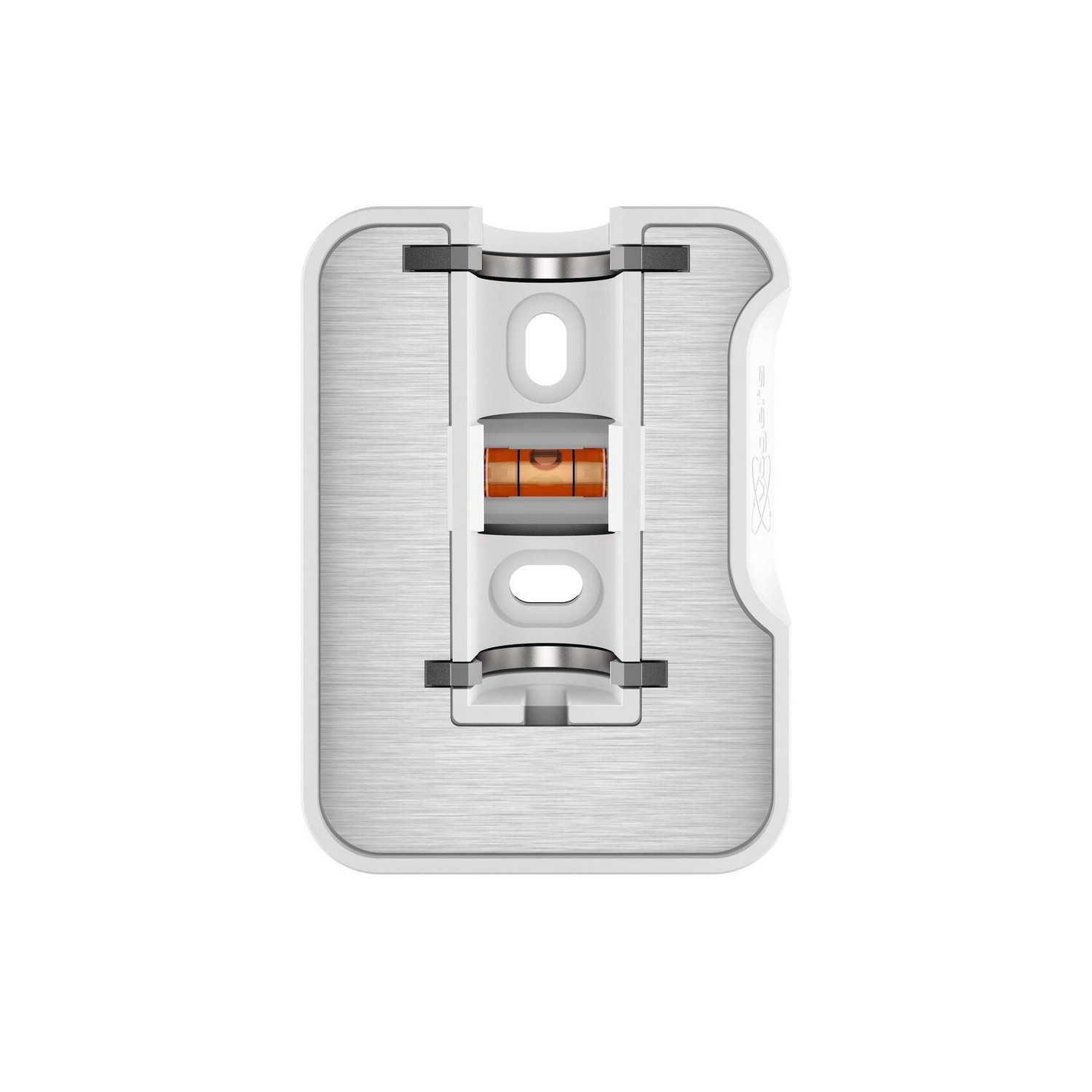Outil blanc avec éléments argentés et niveau orange, sur fond blanc.