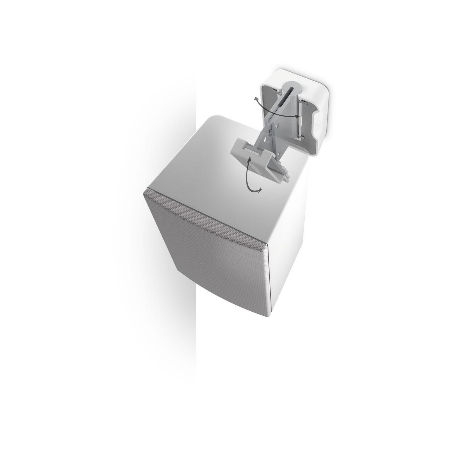 Un haut-parleur blanc est monté sur un mur. Une illustration montre comment l'ajuster.