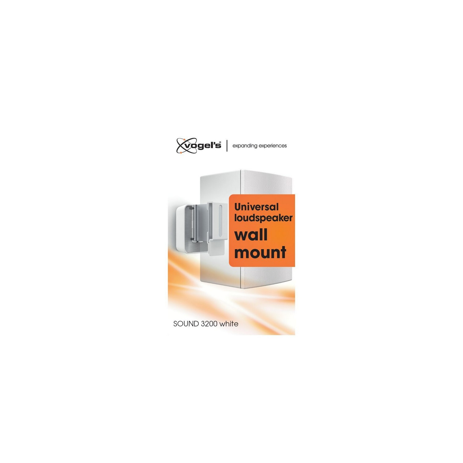 Support mural blanc pour haut-parleur. Le texte sur un rectangle orange indique 'Support mural universel pour haut-parleur'.