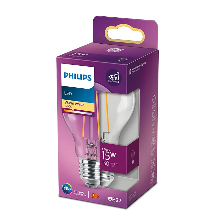Eine Philips LED-Glühbirne in der Verpackung, die die Form und Spezifikationen der Birne zeigt, einschließlich Watt und Lumen.