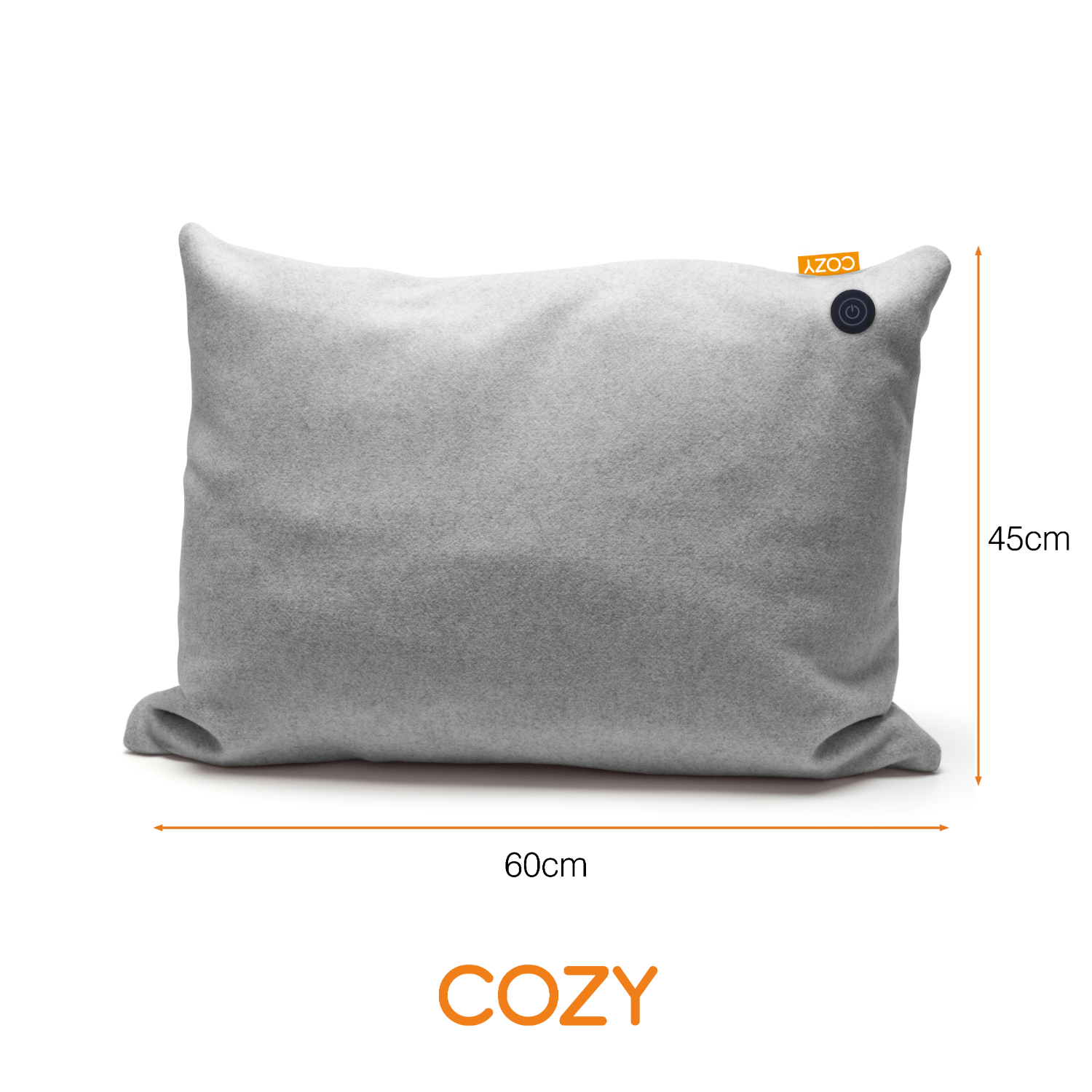 Gray cozy pillow with orange cozy label and measurements. The pillow is 60x45 cm.