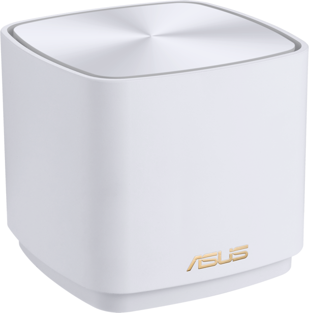 Router bianco, quadrato con logo ASUS dorato. Parte superiore argentata e circolare.