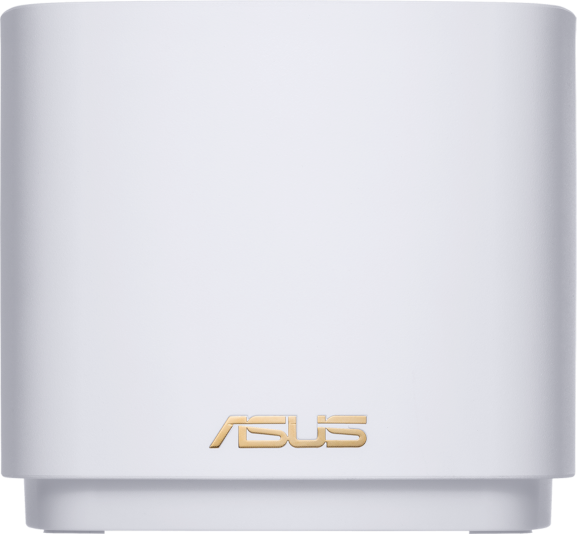 Router ASUS bianco. Forma cilindrica con logo ASUS dorato in basso. Sfondo neutro.