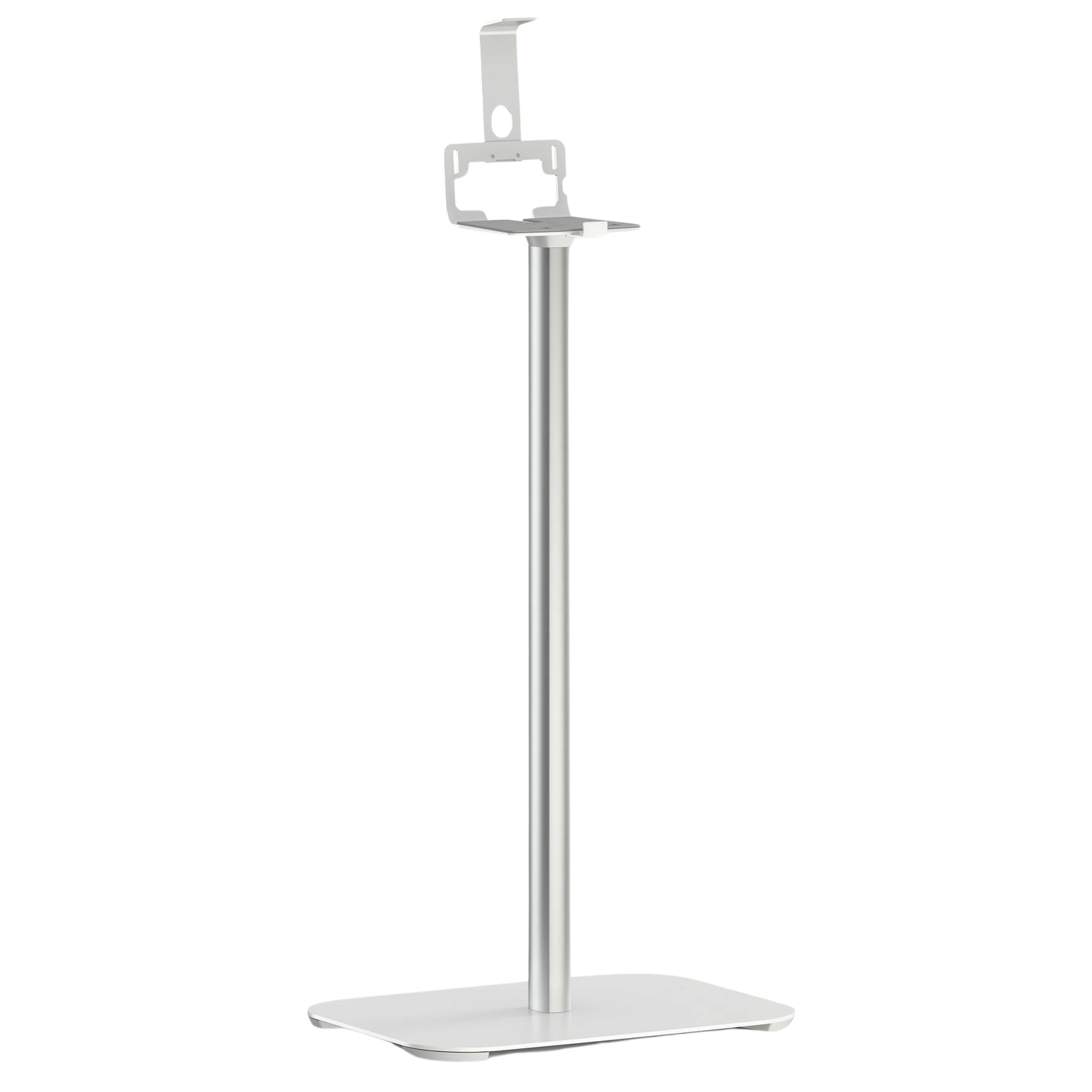 Een hoge, dunne, zilveren metalen standaard voor een luidspreker of ander apparaat, op een zwarte achtergrond.