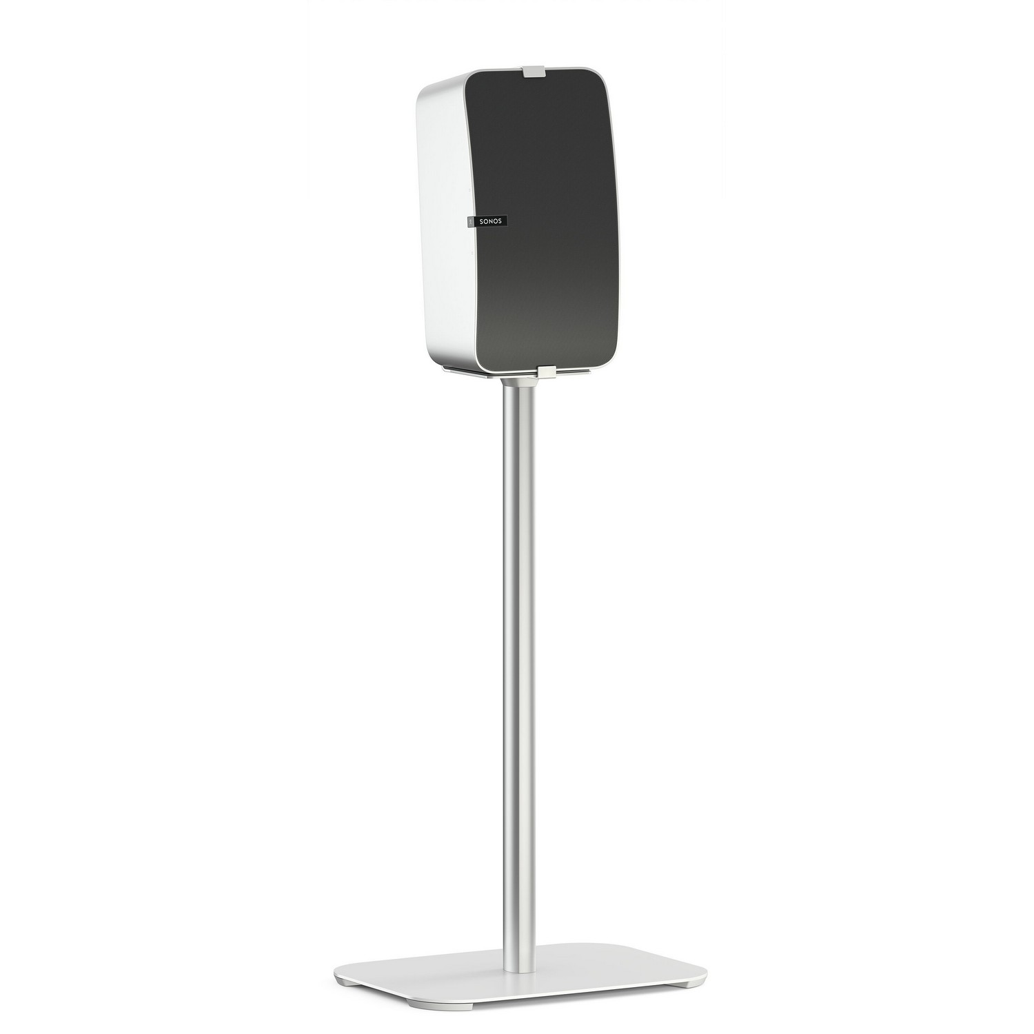 Witte speaker op standaard, witte achtergrond en zwarte voorkant van de speaker.