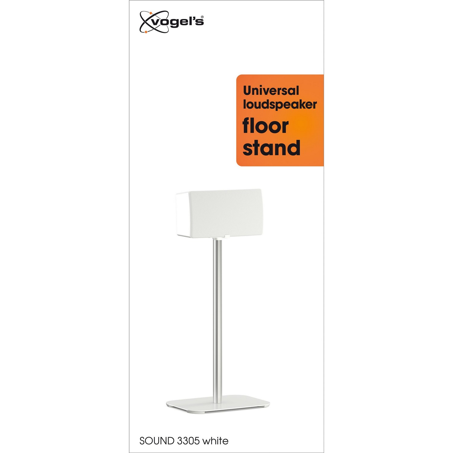 Witte luidspreker op een zilveren standaard, met de woorden 'floor stand' op de verpakking.