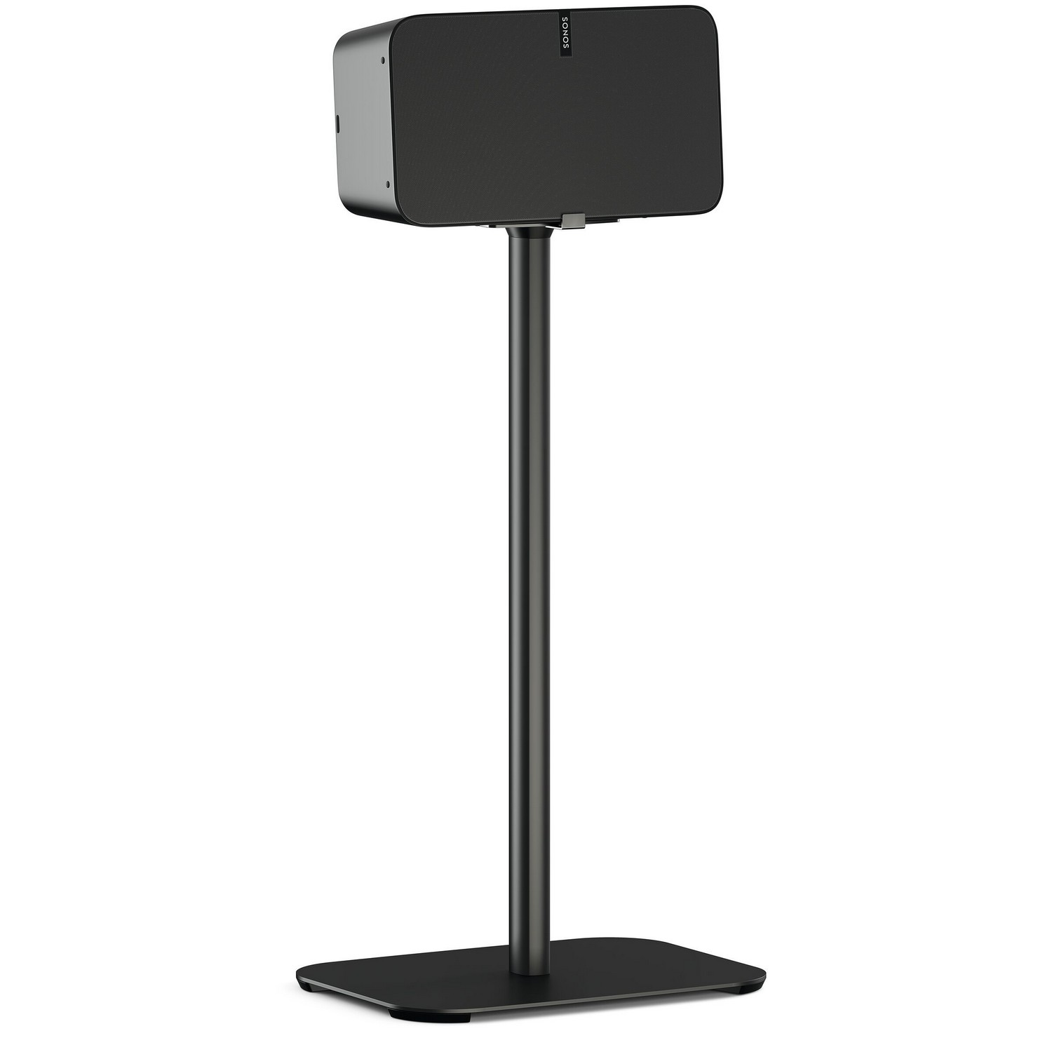 Een zwarte SONOS-luidspreker op een zwarte standaard. De standaard is dun en de basis is vierkant.