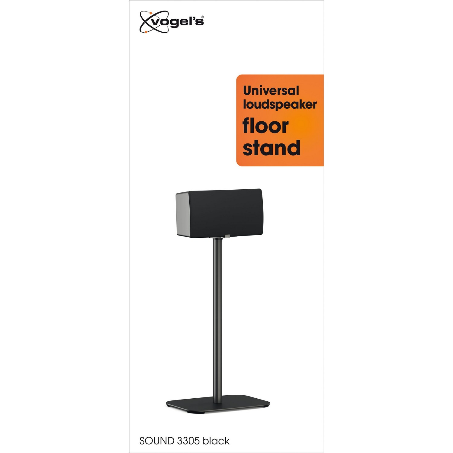 Zwarte luidspreker op metalen standaard. Standaard heeft vierkante basis. Oranje tekst: vloerstandaard.