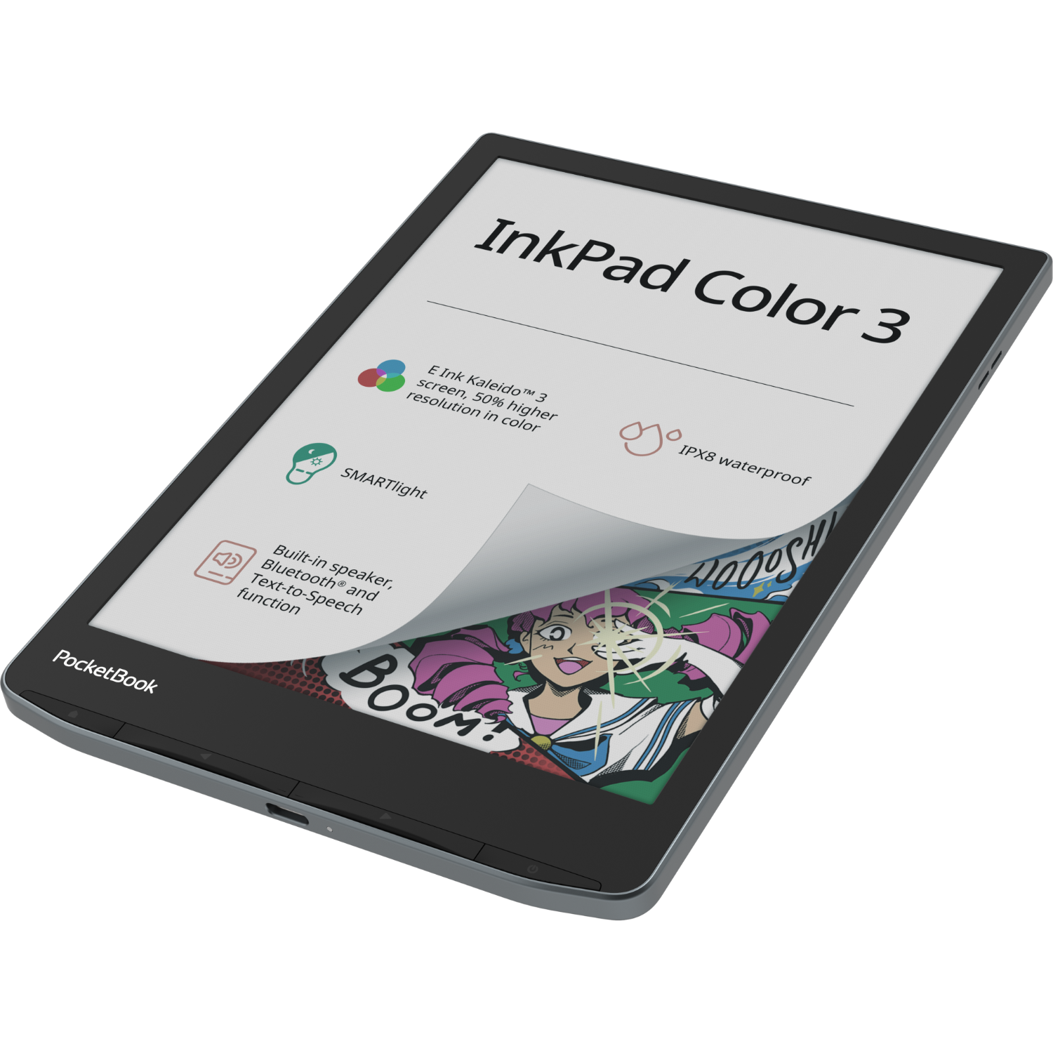 E-reader, InkPad Color 3, toont een stripboekpagina.