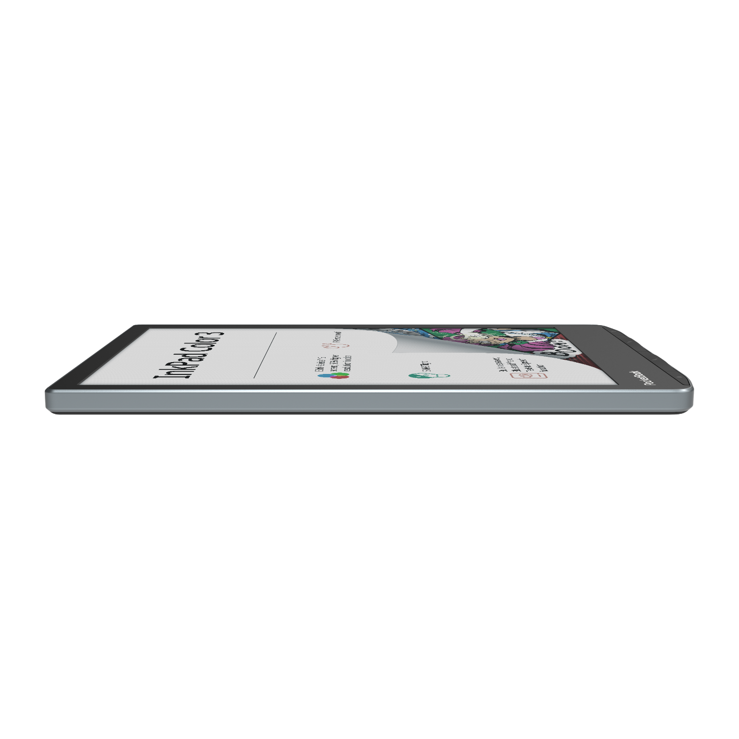 Tablet dat plat ligt. Het scherm toont tekst en afbeeldingen. Zilveren frame, zwart scherm.