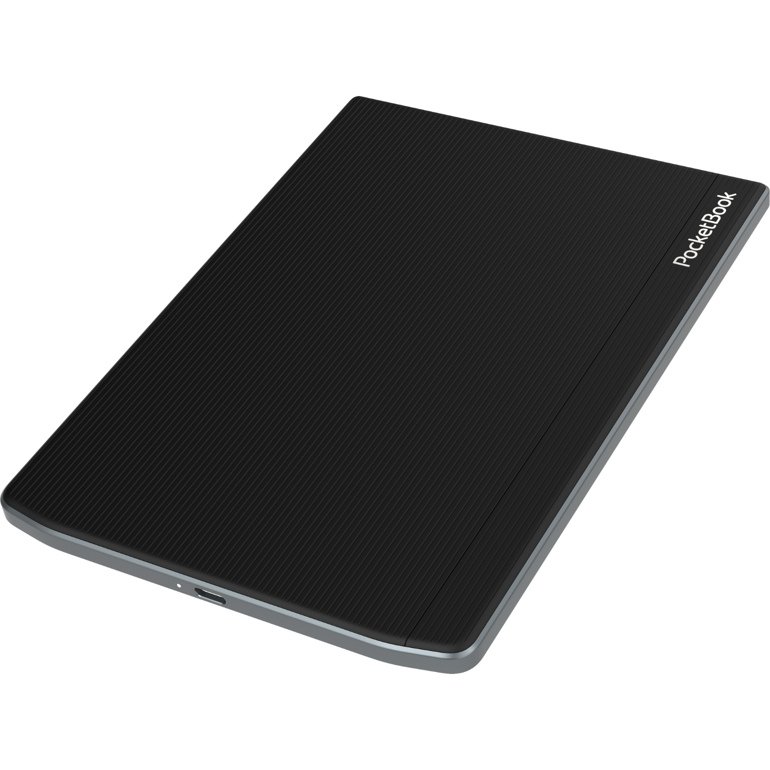 Een zwarte PocketBook e-reader met een geribbeld oppervlak op een zwarte achtergrond.