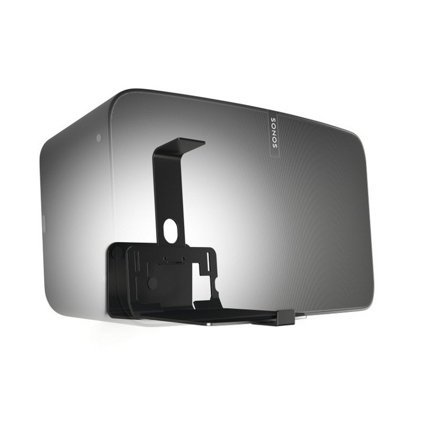 Haut-parleur Sonos monté sur un mur avec un support noir.