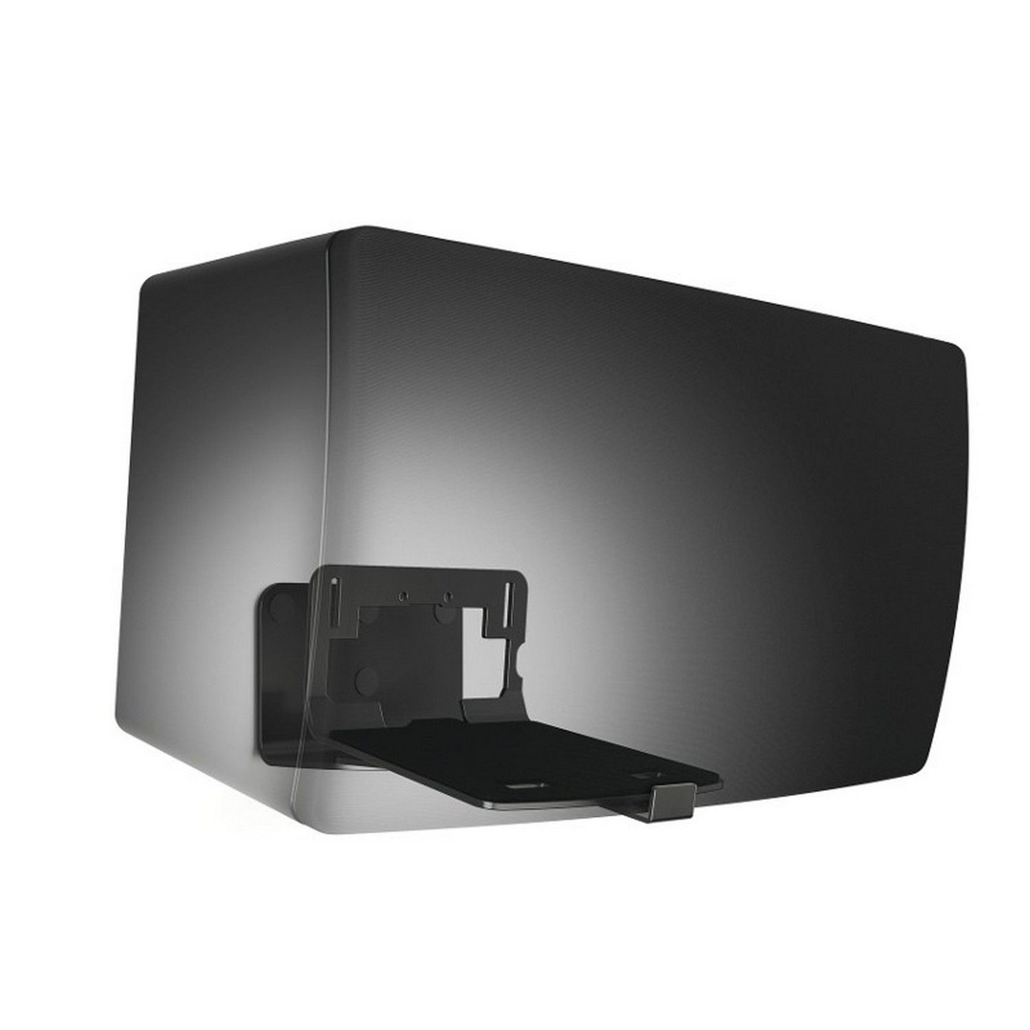 Haut-parleur noir avec un support de montage. Le haut-parleur est rectangulaire avec une face légèrement incurvée.