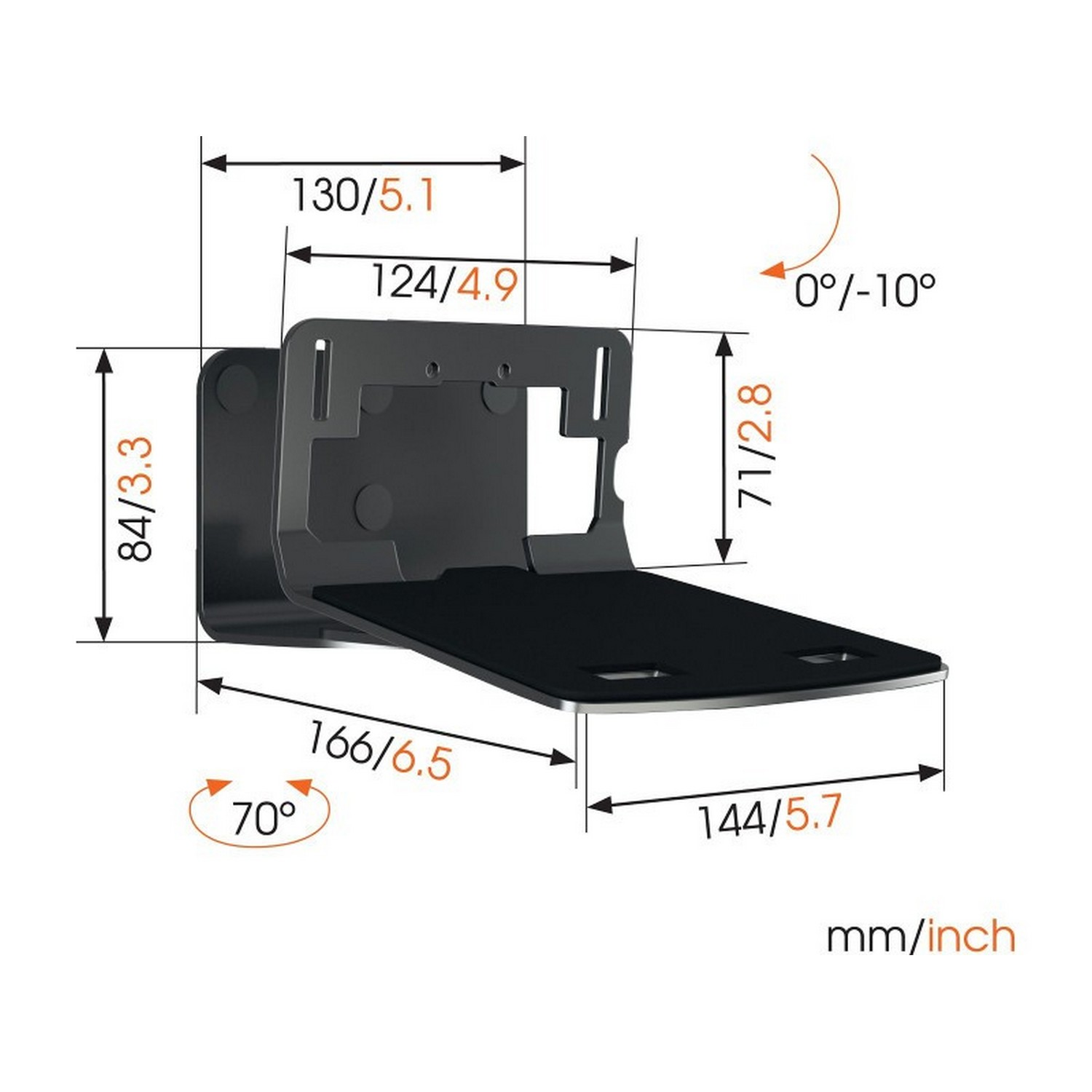 Étagère métallique noire avec mesures. Vue en angle, dimensions en mm/pouces.