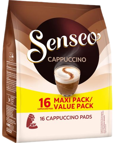 Een verpakking Senseo Cappuccino koffiepads. Het toont een kopje cappuccino en het logo.