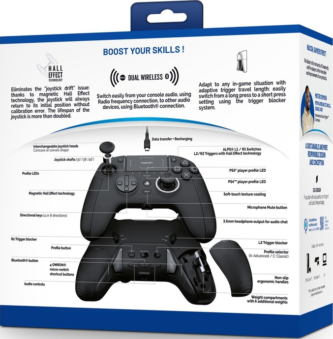 Ein schwarzer Gamecontroller mit verschiedenen Tasten und Funktionen, die auf der Box detailliert sind.