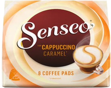 Paquet de dosettes de café Senseo cappuccino caramel avec une image de tasse.