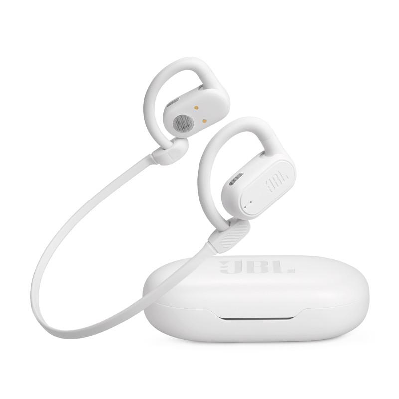 Weiße JBL-Wireless-Kopfhörer mit Ladecase. Die Kopfhörer haben Ohrbügel. Das Case und die Kopfhörer sind weiß.