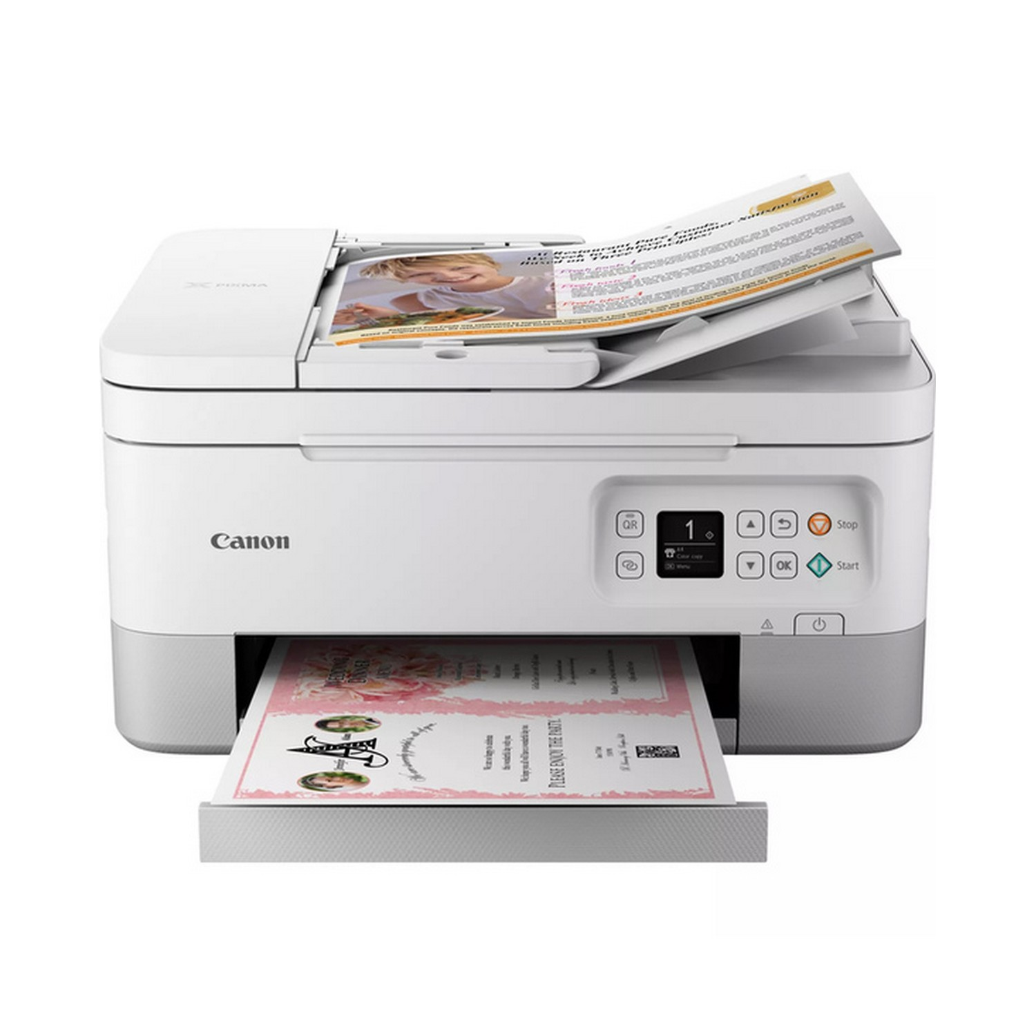 A white Canon printer with a tray of paper.  A printed page exits the printer.